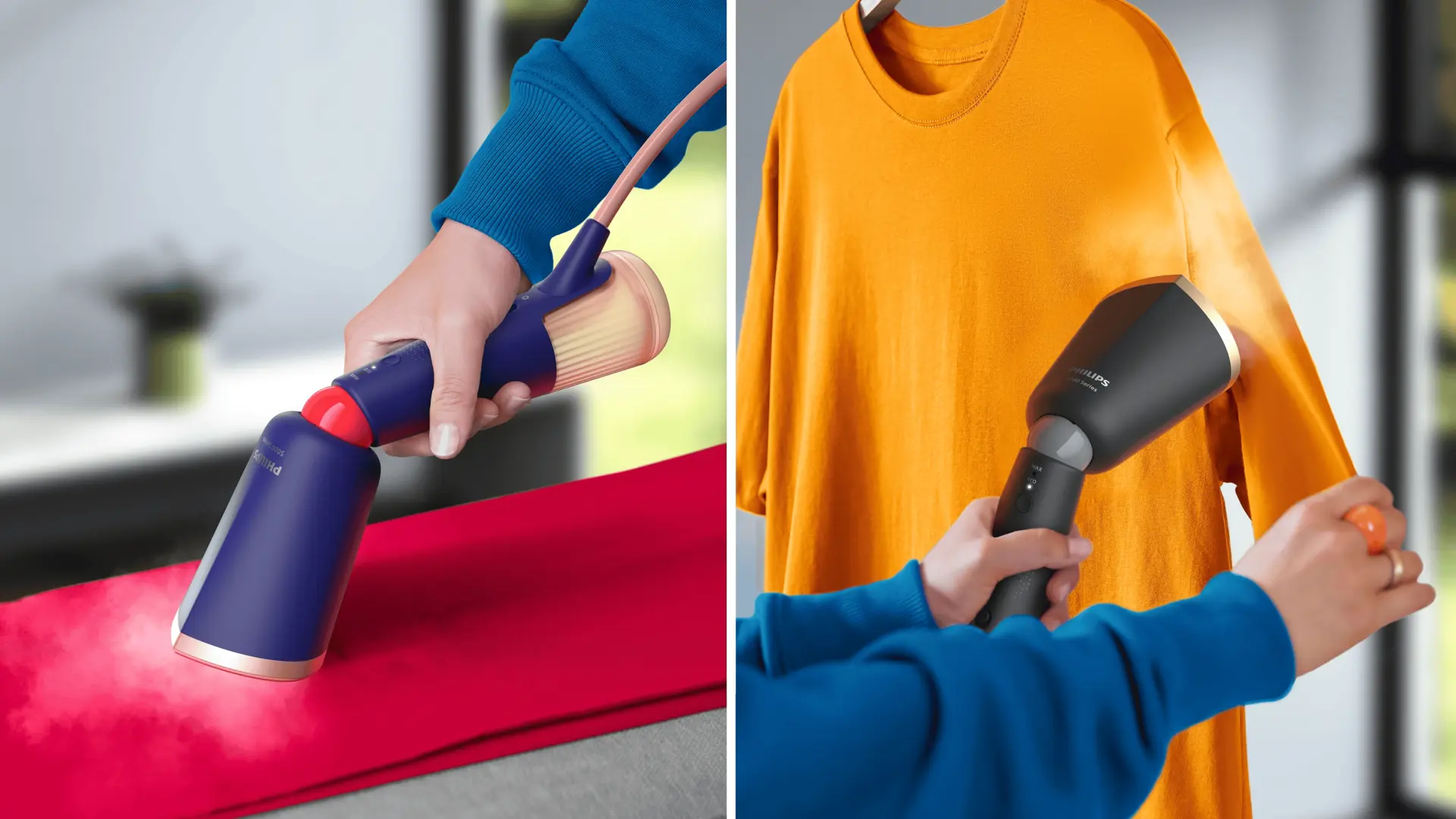 Philips rokas apģērba tvaicētājii: persona, kas lieto produktu dažādiem apģērbiem, demonstrējot tā tvaika jaudu un dizainu. Izcila rūpība.