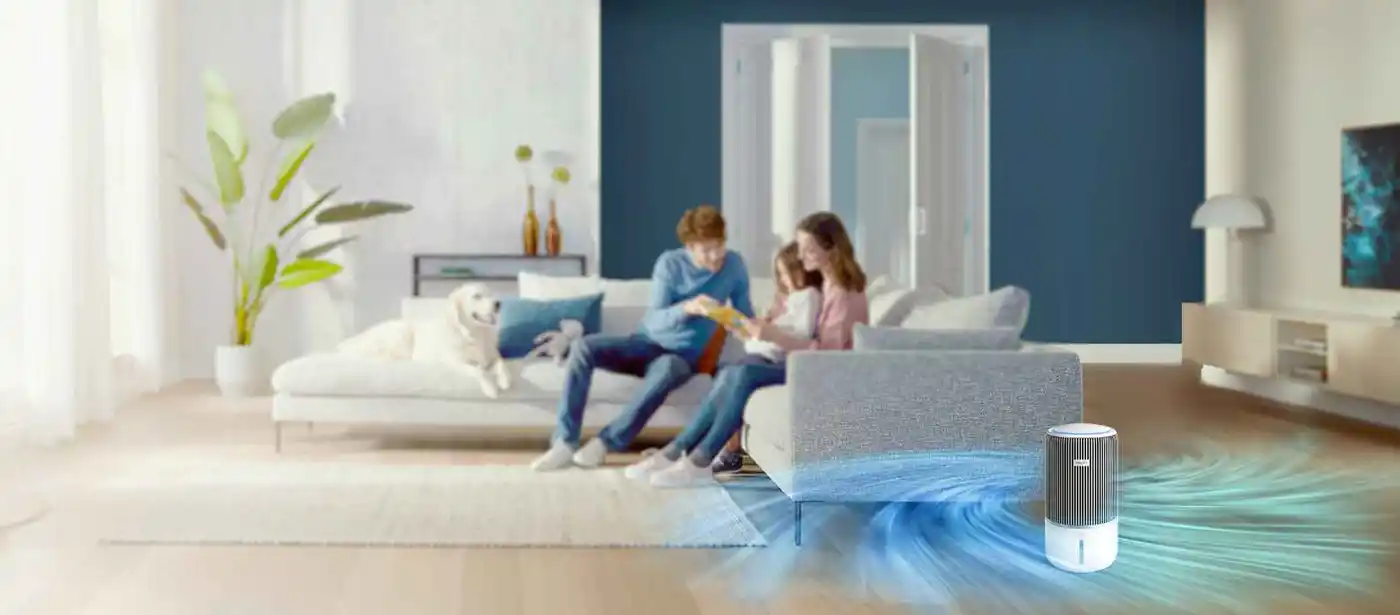 Philips Climate Care 2in1 gaisa attīrītājs cirkulē tīru gaisu ģimenes mājās, radot komfortablu un drošu vidi. Koncentrējieties uz uzlabotām funkcijām ar elegantu pelēku un baltu dizainu un zilu gaisa plūsmas grafiku.