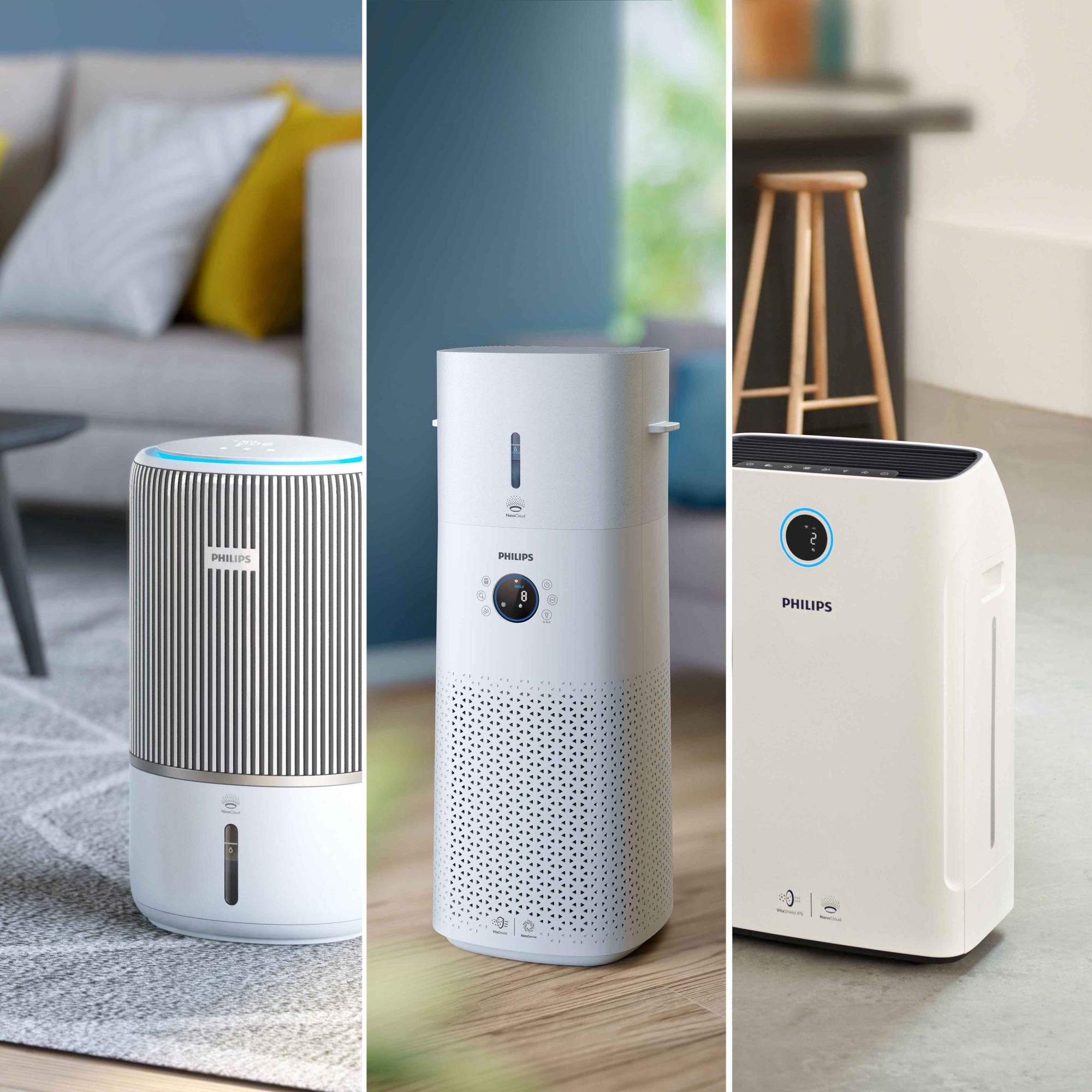 Philips 2in1 Climate Care kolāža, kurā attēloti gaisa attīrītāji un mitrinātāji; demonstrē izcilu dizainu un progresīvas gaisa kvalitātes tehnoloģijas optimālam komfortam mājās.