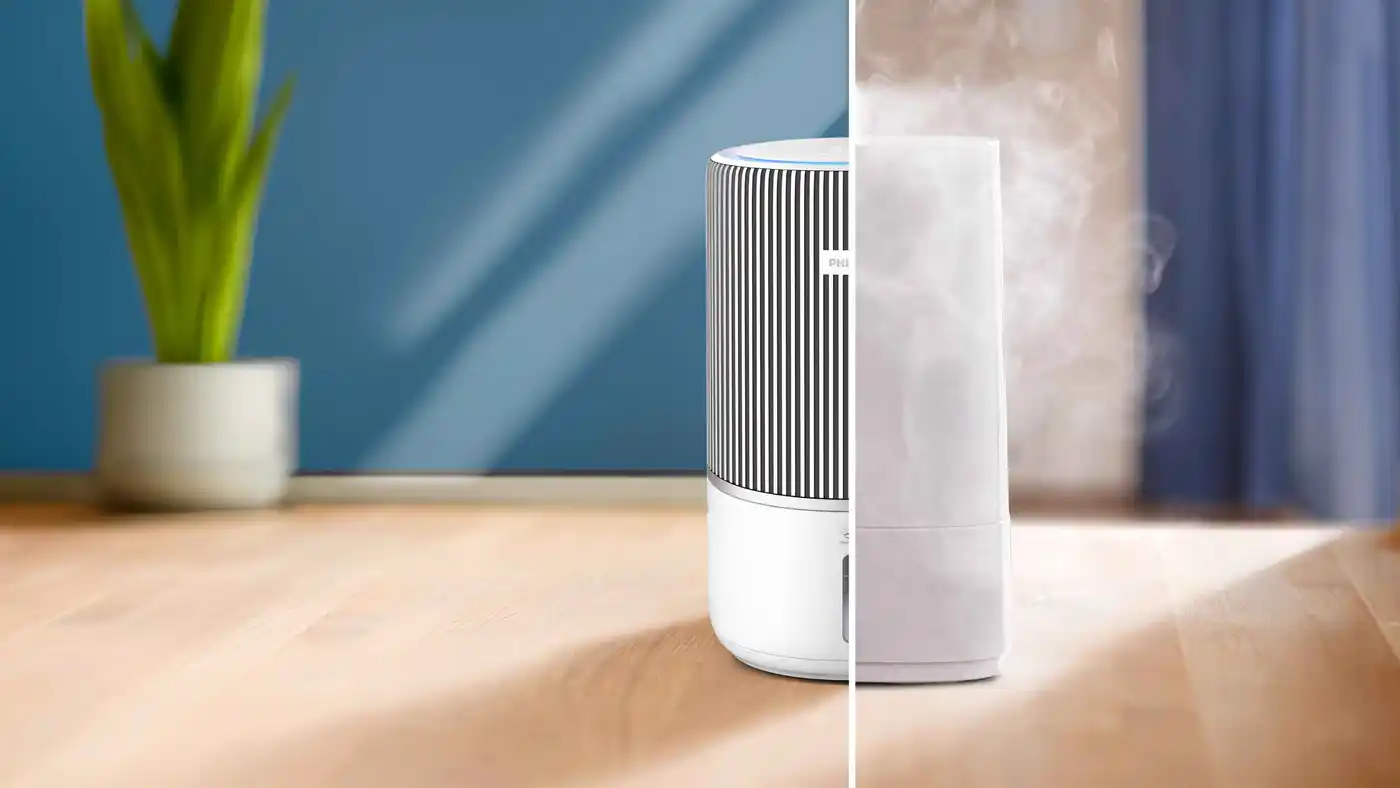 Philips Climate Care 2in1 gaisa mitrinātājs ar elegantu dizainu un tvaiku. Apvieno gaisa attīrīšanu un mitrināšanu; izcils komforts un stils.