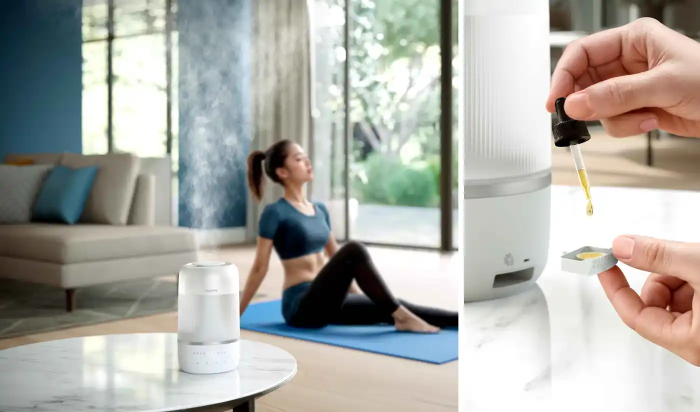 Air-Humidifier-4-fi Philips Climate Care gaisa mitrinātājs: uzlabota miglošana rada mierīgu jogas atmosfēru. Ēterisko eļļu pievienošana personalizē ar aromterapijas ieguvumiem.