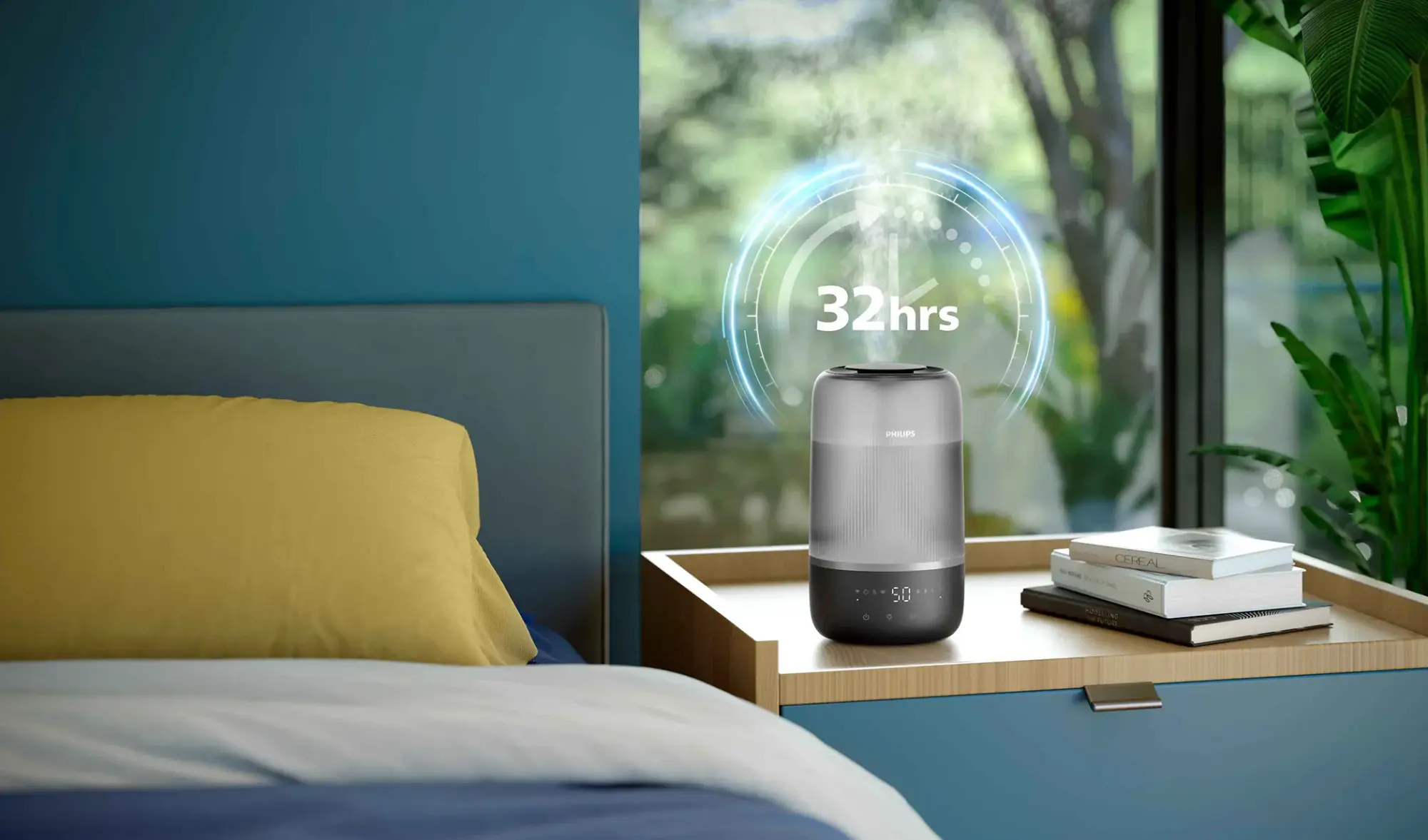 Air-Humidifier-5-fi Philips gaisa mitrinātājs ar 32 stundu darbības laiku guļamistabā. Migla izceļ tā mitrināšanas darbību. Šis uzlabotais Climate Care produkts nodrošina optimālu iekštelpu gaisa kvalitāti.