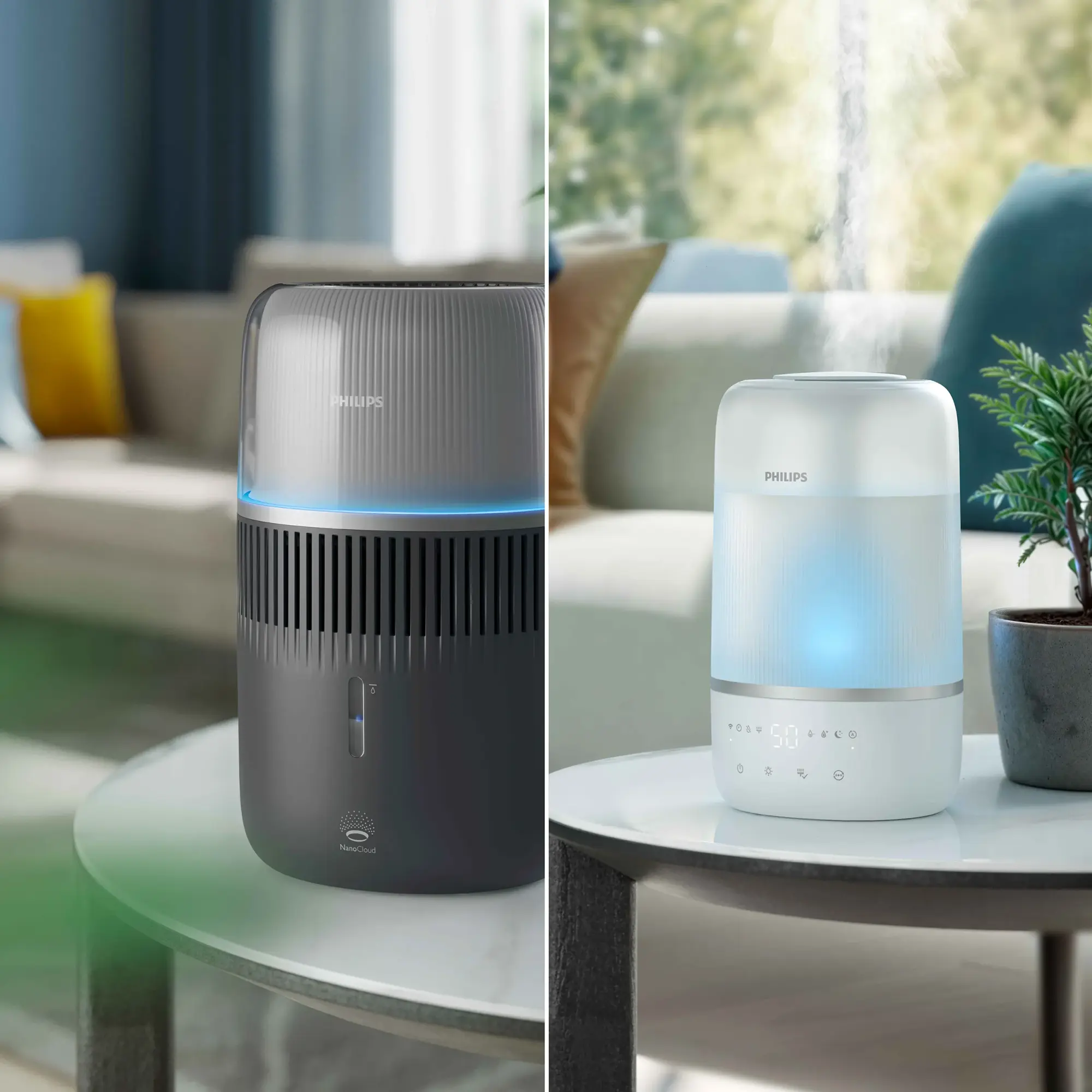 Air-Humidifier-9-fi Philips gaisa mitrinātāja produkta fotoattēls, kurā redzami divi modeļi. Baltā versija izdala miglu, un abiem ir elegants dizains, apkārtējais apgaismojums un lietotājam draudzīgi digitālie displeji.