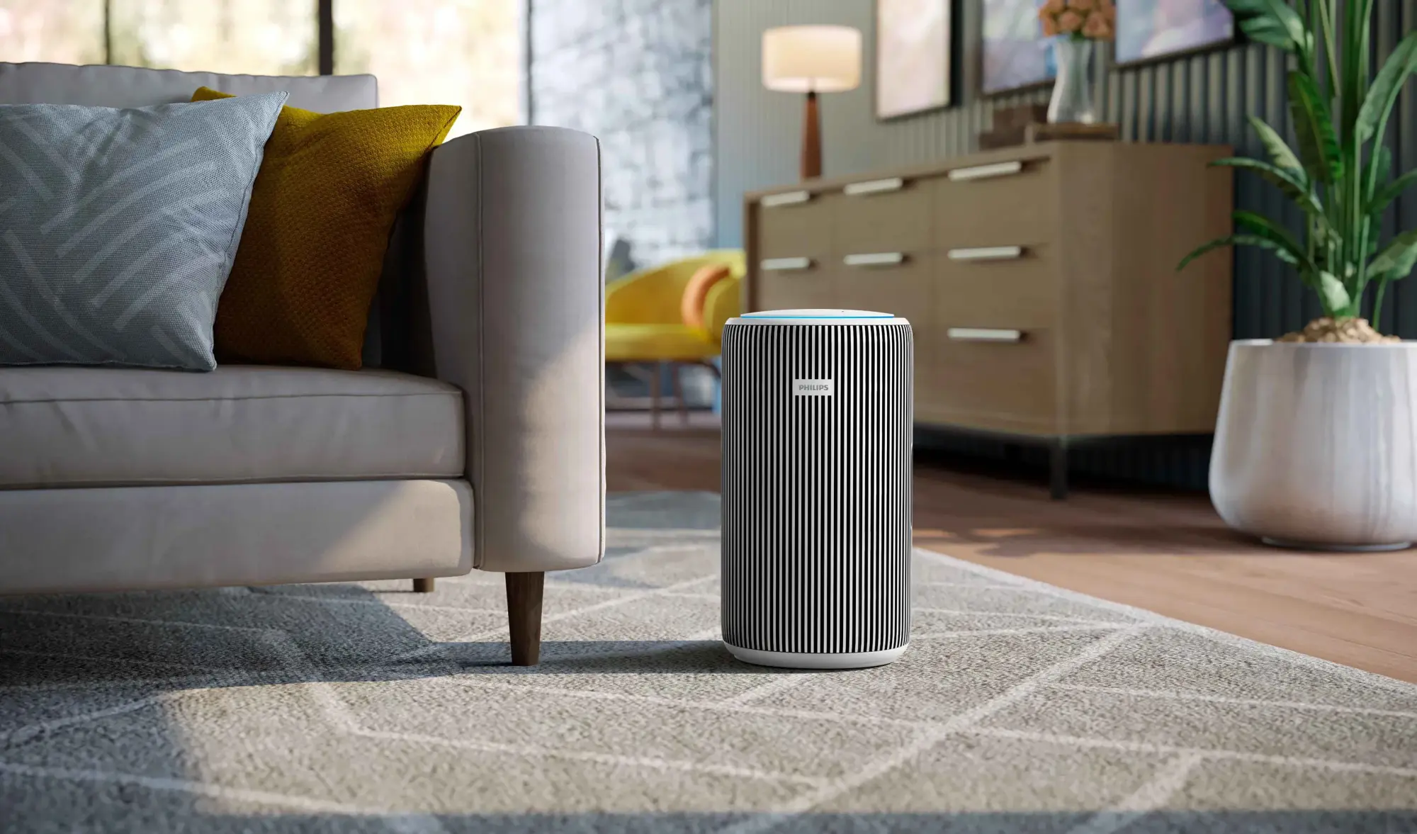Air-Purification-10-fi Philips gaisa attīrīšanas risinājums modernā viesistabā. Svītrainais dizains nodrošina uzlabotu gaisa kvalitāti, pateicoties jaunākajām tehnoloģijām un izcilam dizainam, radot nepārspējamu pieredzi.