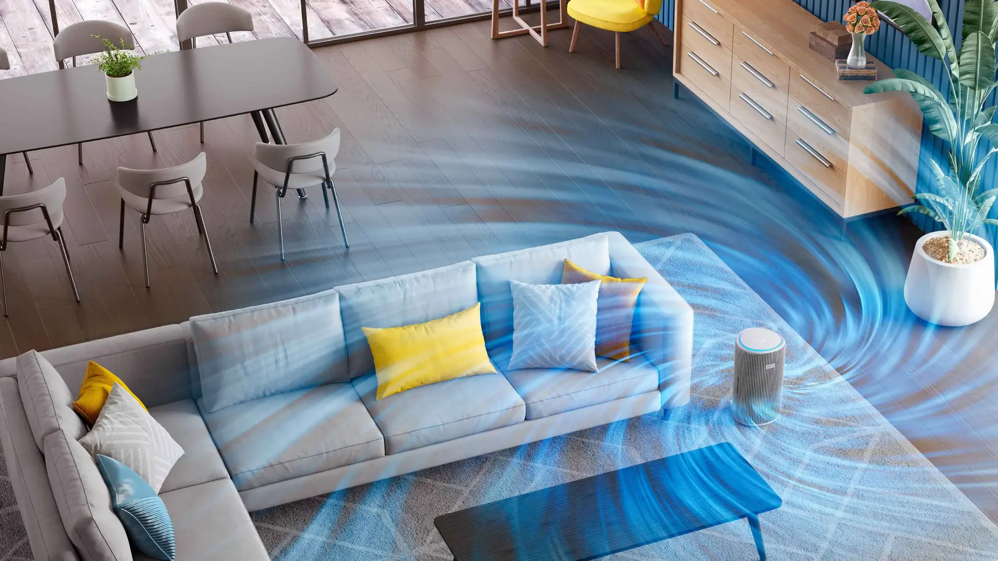 Air-Purification-8-fi Philips gaisa attīrīšanas sistēma, kas cirkulē tīru gaisu modernā viesistabā, ilustrēta ar ziliem viļņiem. Izbaudiet izcilu gaisa kvalitāti ar Philips.