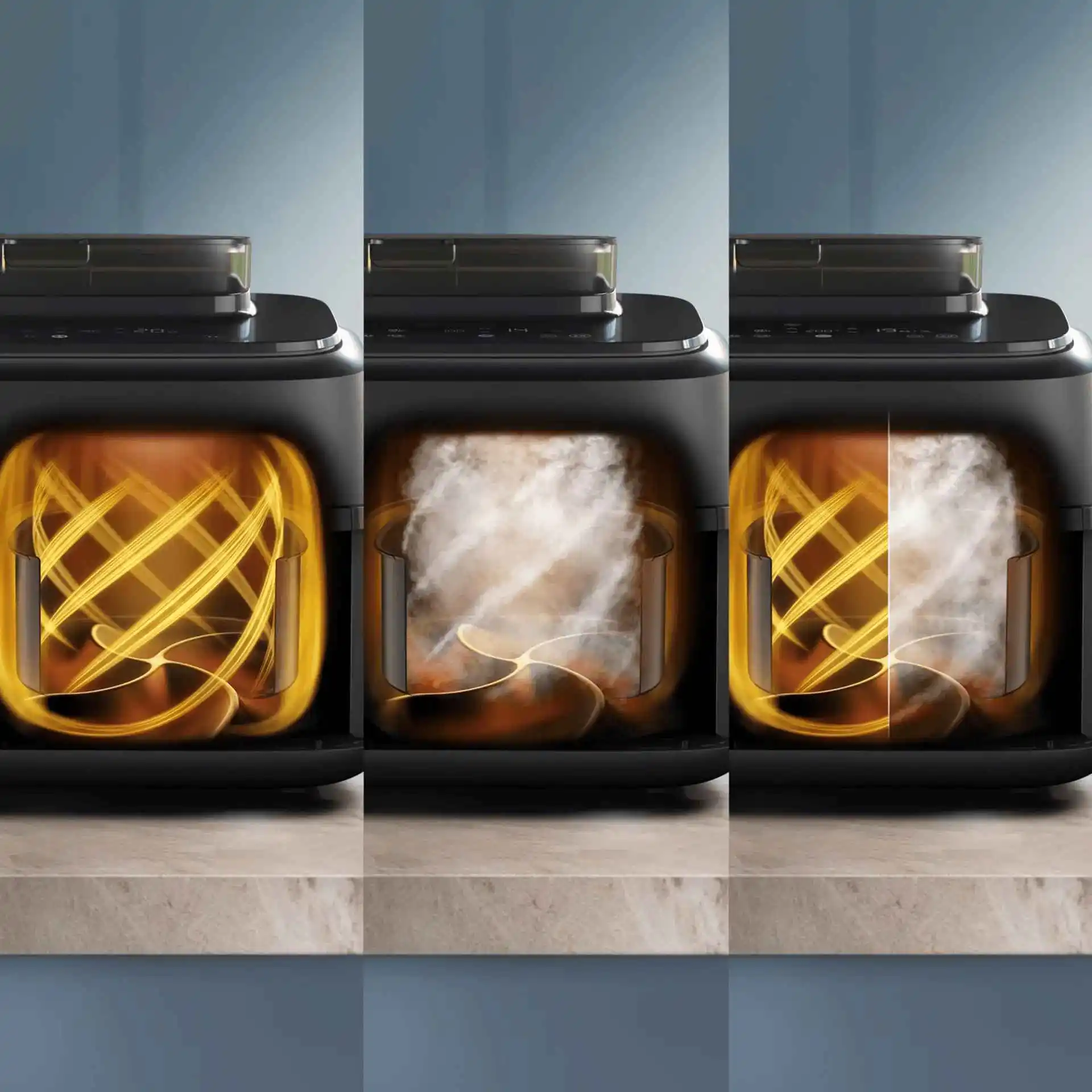 Philips Airfryer ilustrācija: jaunākās paaudzes karstā gaisa tehnoloģija un tvaiks nodrošina optimālus rezultātus gardām un veselīgām maltītēm katru reizi.