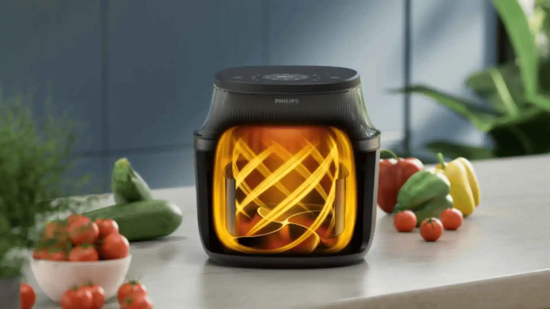 Philips Airfryer: Philips Airfryer nodrošina izcilu veiktspēju ar ātru gaisa plūsmu vienmērīgai gatavošanai. Svaigi dārzeņi uz letes demonstrē līnijas izcilību virtuves tehnoloģijās.