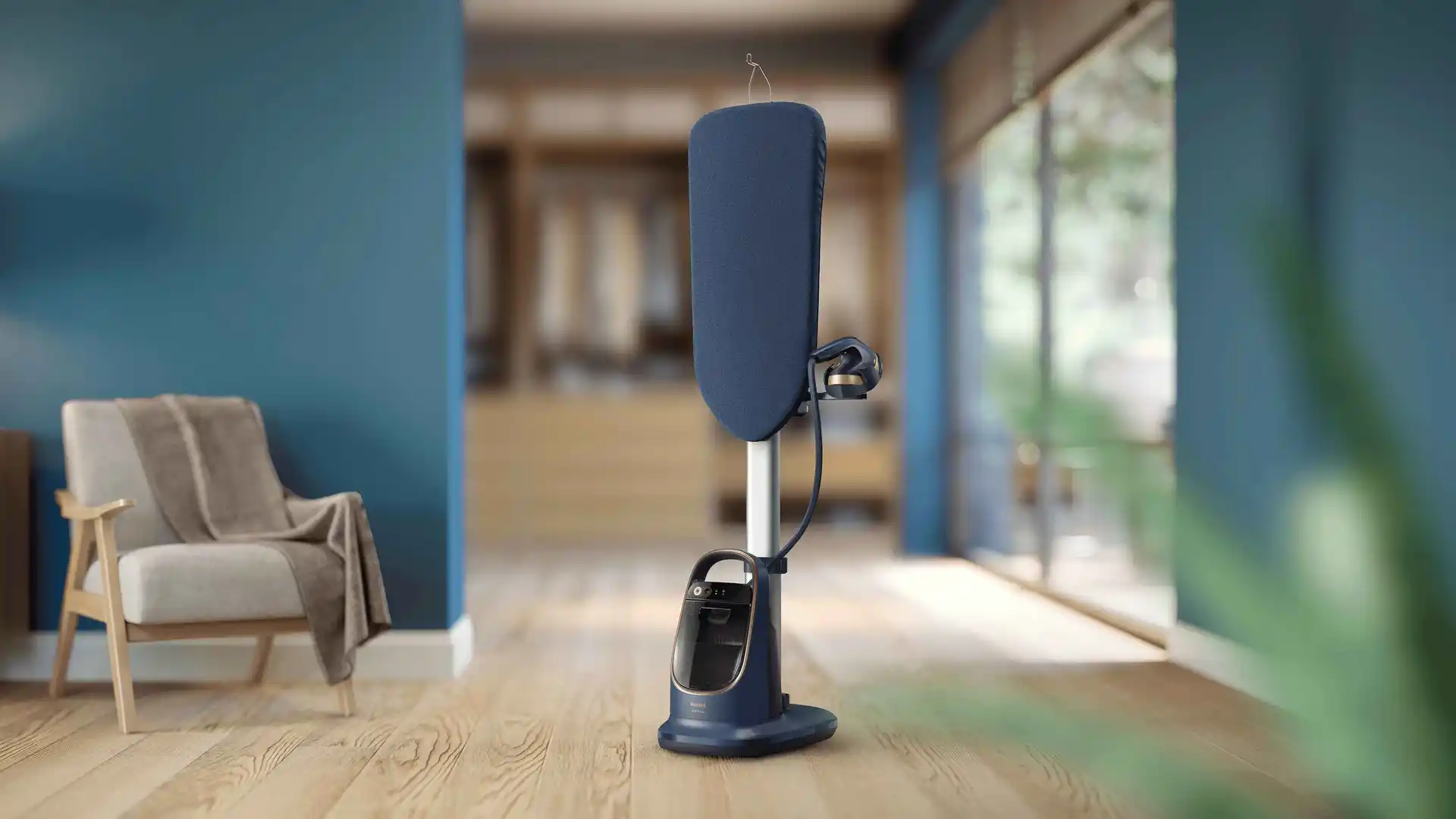 Philips All-in-One universālā apģērbu kopšanas sistēma: augstākās kvalitātes tvaicētājs ar integrētu dēli ērtai grumbu likvidēšanai un apģērbu atsvaidzināšanai.