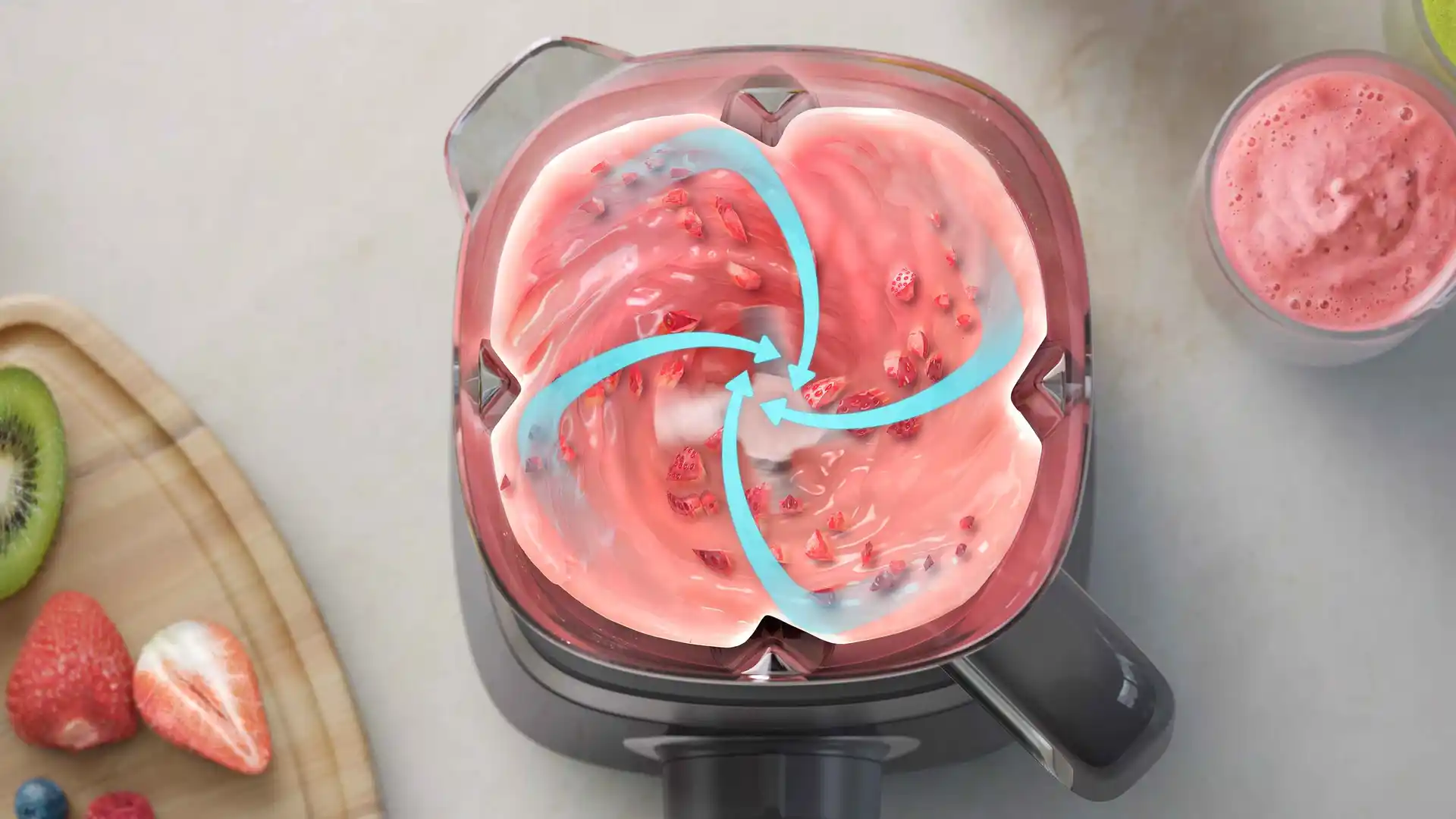 Melna Philips Blend & Juice blendera pamatnes tuvplāns ar ProBlend tehnoloģiju, kas izceļ jaudīgo motoru un izcilo dizainu izcilai blendēšanai.