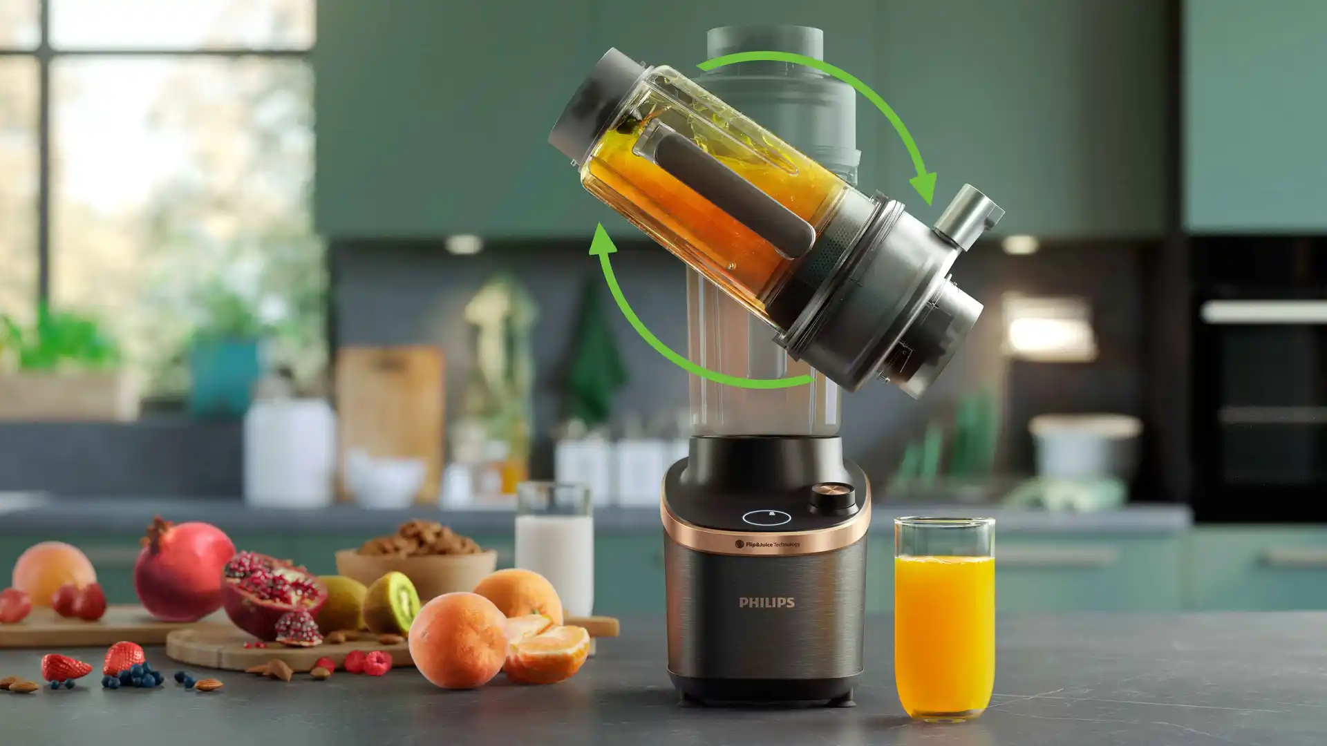 Philips virtuves ierīce Blend & Juice, kurā redzama rotējoša Flip&Juice funkcija apelsīnu sulas blendēšanas laikā. Intuitīvs dizains un svaigu sastāvdaļu attēlošana kopā ar produktu.