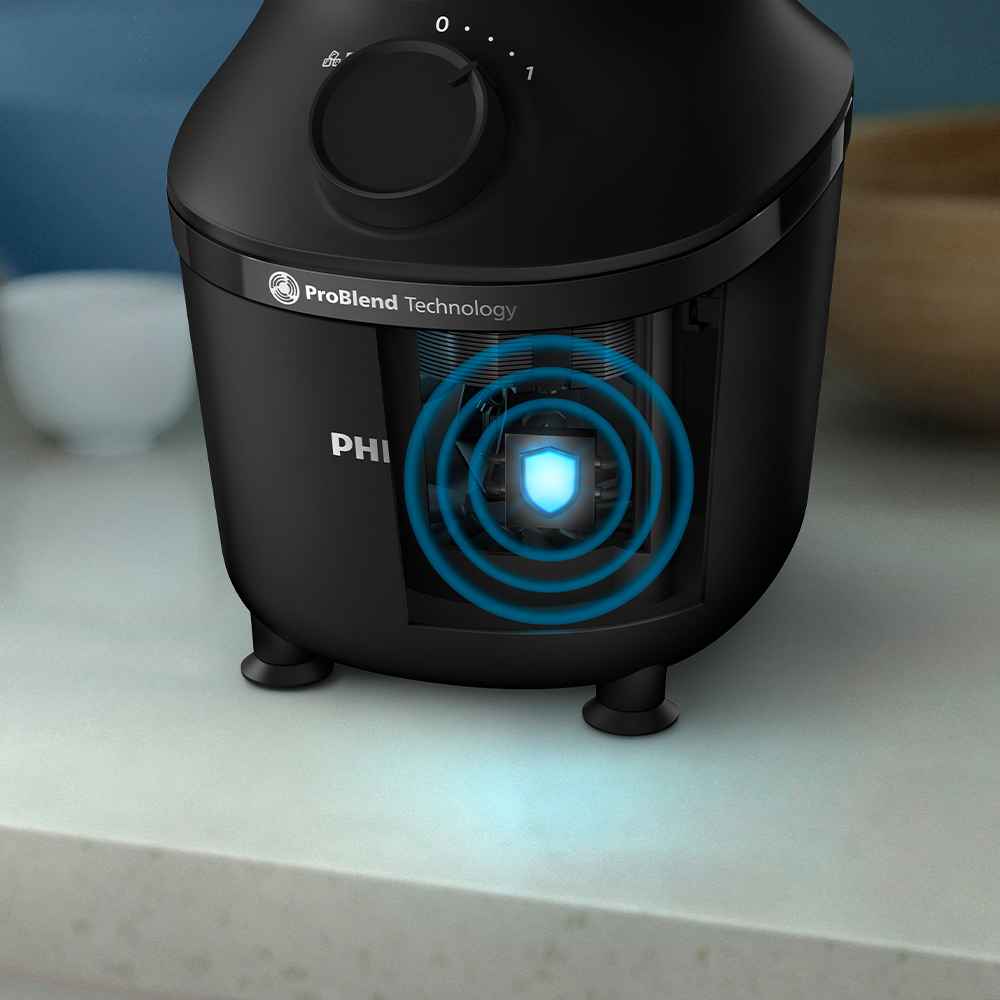 Melna Philips Blend & Juice blendera pamatnes tuvplāns ar ProBlend tehnoloģiju, kas izceļ jaudīgo motoru un izcilo dizainu izcilai blendēšanai.