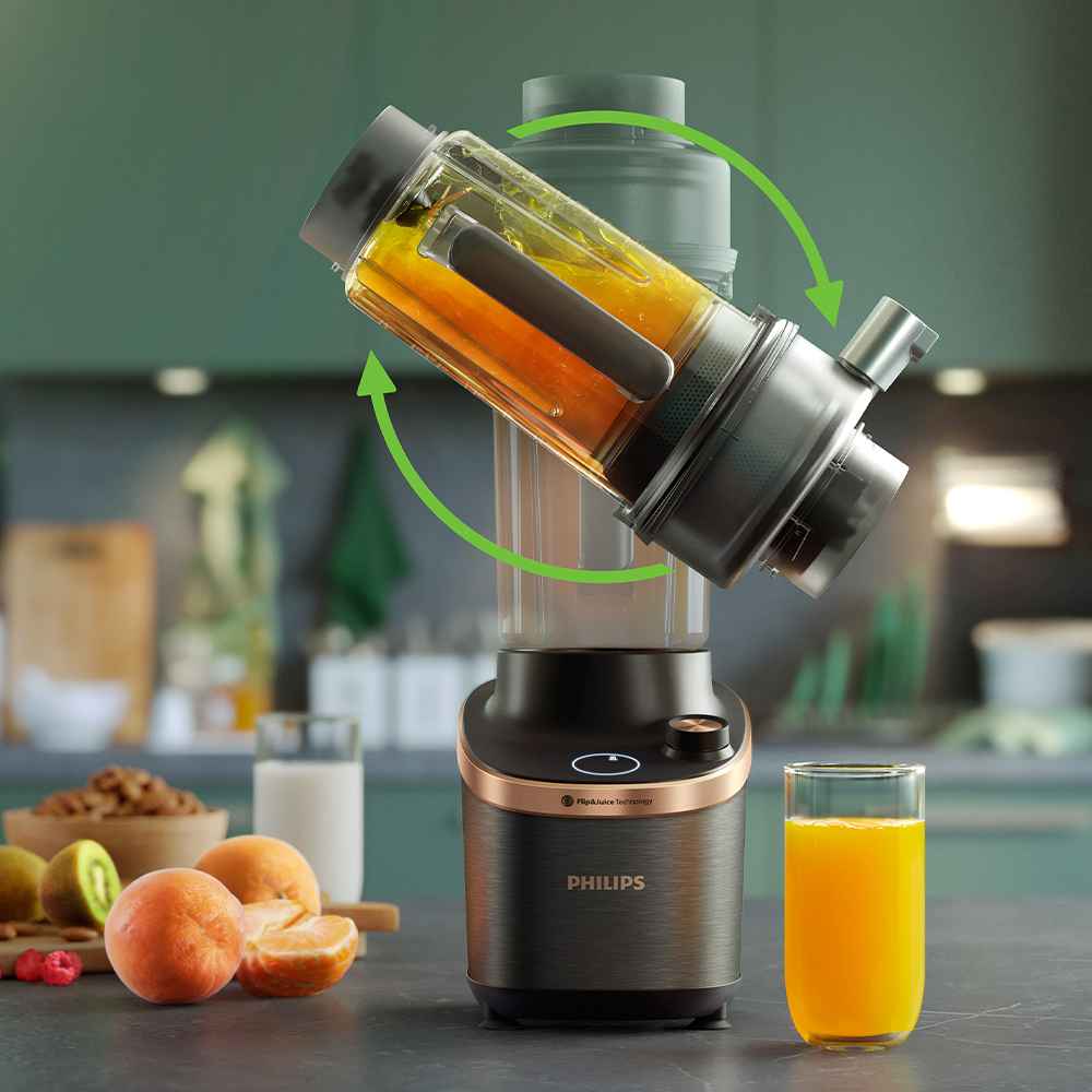Philips Blend & Juice blenderis ir aprīkots ar Flip&Juice tehnoloģiju, kas demonstrē, kā blenderis bez piepūles izspiež svaigu apelsīnu sulu. Augstākās kvalitātes dizains, veselīga dzīvesveida popularizēšana.
