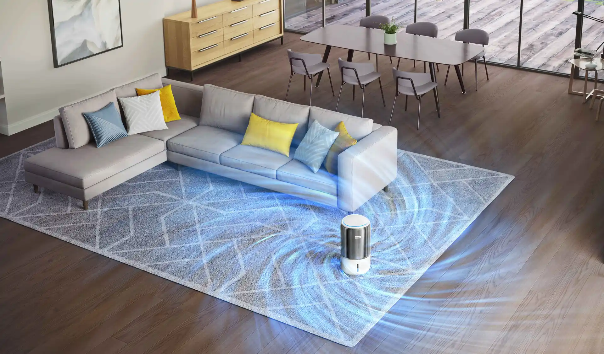 Philips Climate Care gaisa attīrītājs ar 3 slāņu filtrāciju, kas attēlots stilīgā viesistabā, demonstrējot tā kluso darbību un tīro dizainu.