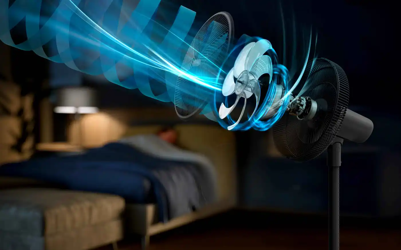 Philips dzesēšanas ventilatoru līnija — 5 lāpstiņu stāvventilators, kas demonstrē jaudīgu un efektīvu gaisa plūsmu ar ziliem vizuāliem efektiem, ideāli piemērots komfortablas un vēsas guļamistabas atmosfēras radīšanai.