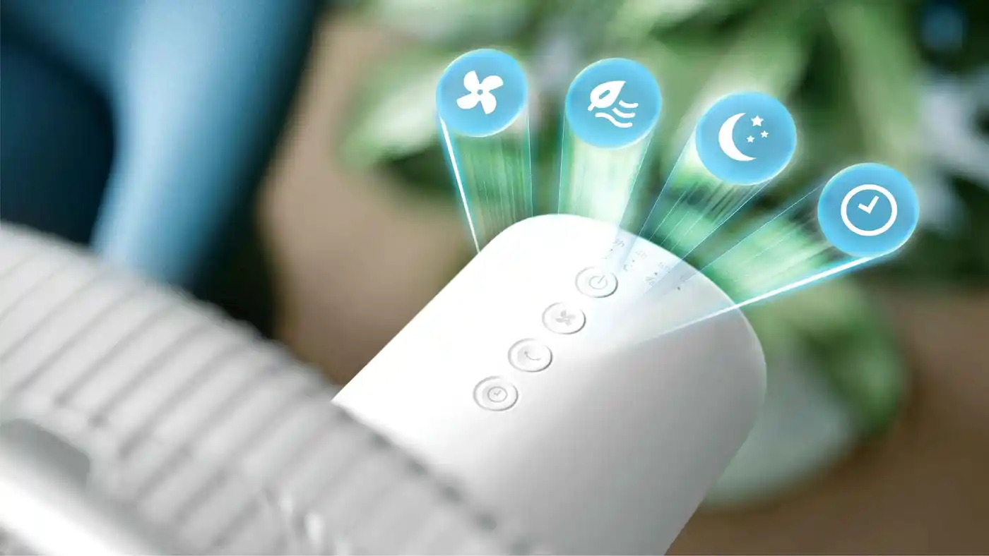 Philips dzesēšanas ventilatora panelī ir ērti lietojami skārienvadības elementi ventilatora ātrumam, dabiskajai vēsmai, miega režīmam un taimera iestatījumiem.