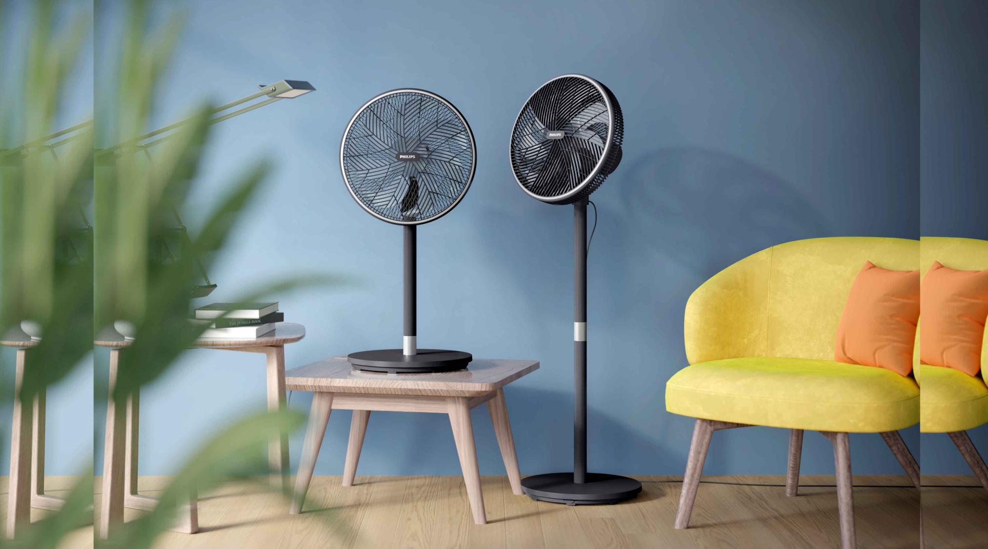 Philips dzesēšanas ventilators, kas ir līderis klimata aprūpes jomā, ir eleganti izvietots, lai demonstrētu tā moderno gaisa plūsmas tehnoloģiju un kluso darbību, kas paredzēta maksimālam komfortam.
