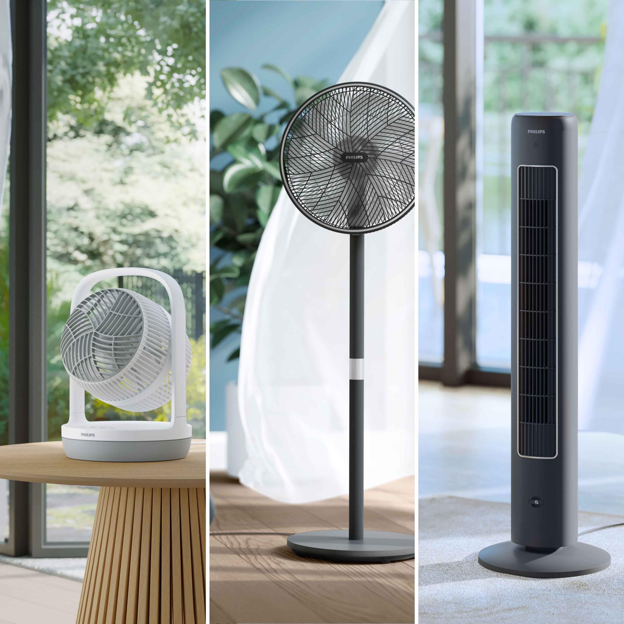Trīs Philips dzesēšanas ventilatoru modeļi: pārnēsājamie, stāvošie un torņa ventilatori ar modernu dizainu optimālai klimata kontrolei.