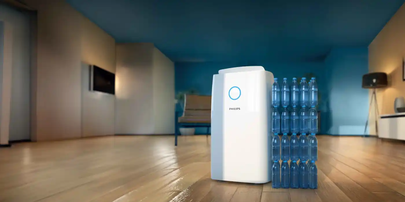 Philips gaisa sausinātājs — Climate Care inovācija ar lielu ūdens nosūknēšanas jaudu, ko ilustrē sakrautas pudeles modernā viesistabā. Izbaudiet izcilu gaisa kvalitāti jau tagad.