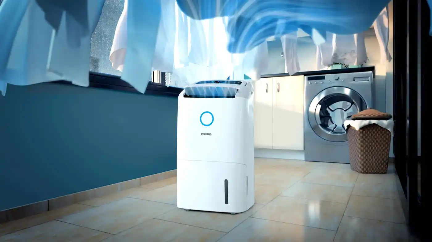 Philips gaisa sausinātājs drēbju žāvēšanai telpās; izcila dizaina un tehnoloģiju integrācijas piemērs optimālai gaisa kvalitātei. Pielāgots augstākajiem dzīves standartiem.