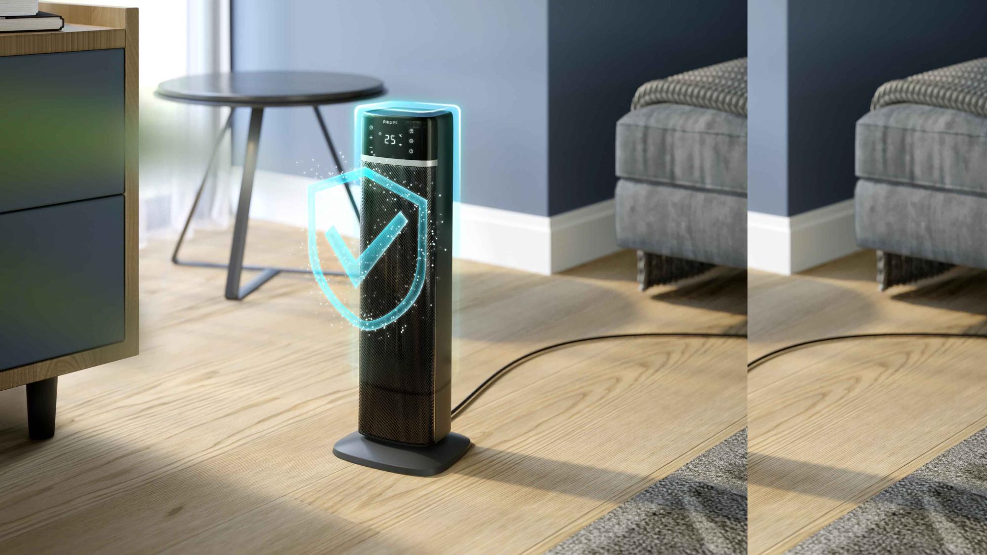 Attēls ar elegantu, melnu Philips sildītāju no Climate Care līnijas, kas novietots viesistabā. Digitālais displejs rāda 25 grādus pēc Celsija, un virs tā ir drošības atzīmes vairogs.