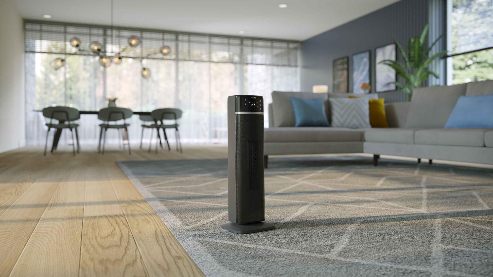 Philips sildītājs: modernākais dizains apvienojumā ar veiktspēju. Dzīvojamās istabas vidē demonstrē Philips sildītāju līnijas eleganci un funkcionalitāti.
