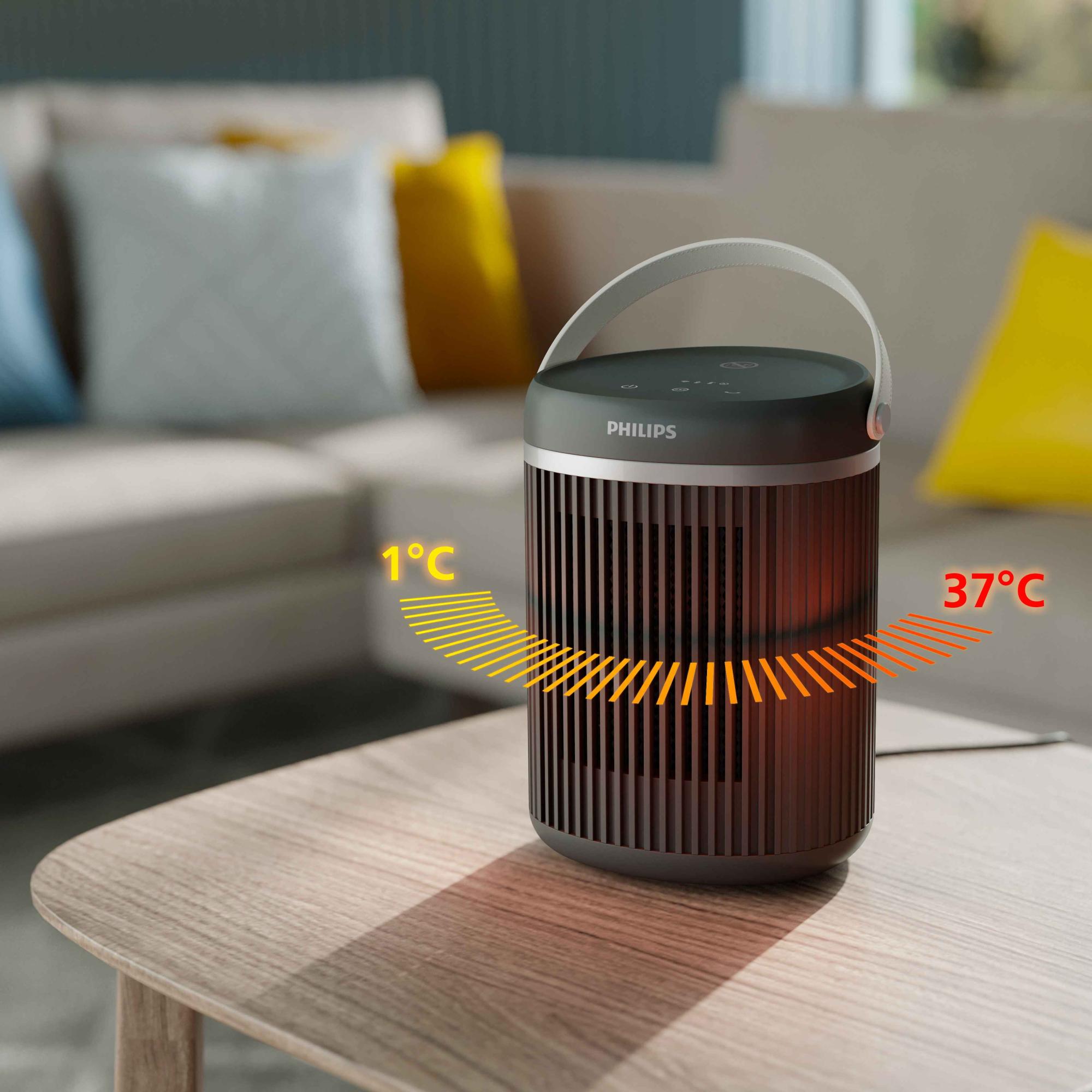 Philips sildītāju līnija: pārnēsājamais Climate Care sildītājs piedāvā sildīšanas diapazonu no 1 °C līdz 37 °C. Tumši brūns, stilīgs dizains ar rokturi ērtai pārnēsāšanai no vienas istabas uz otru.