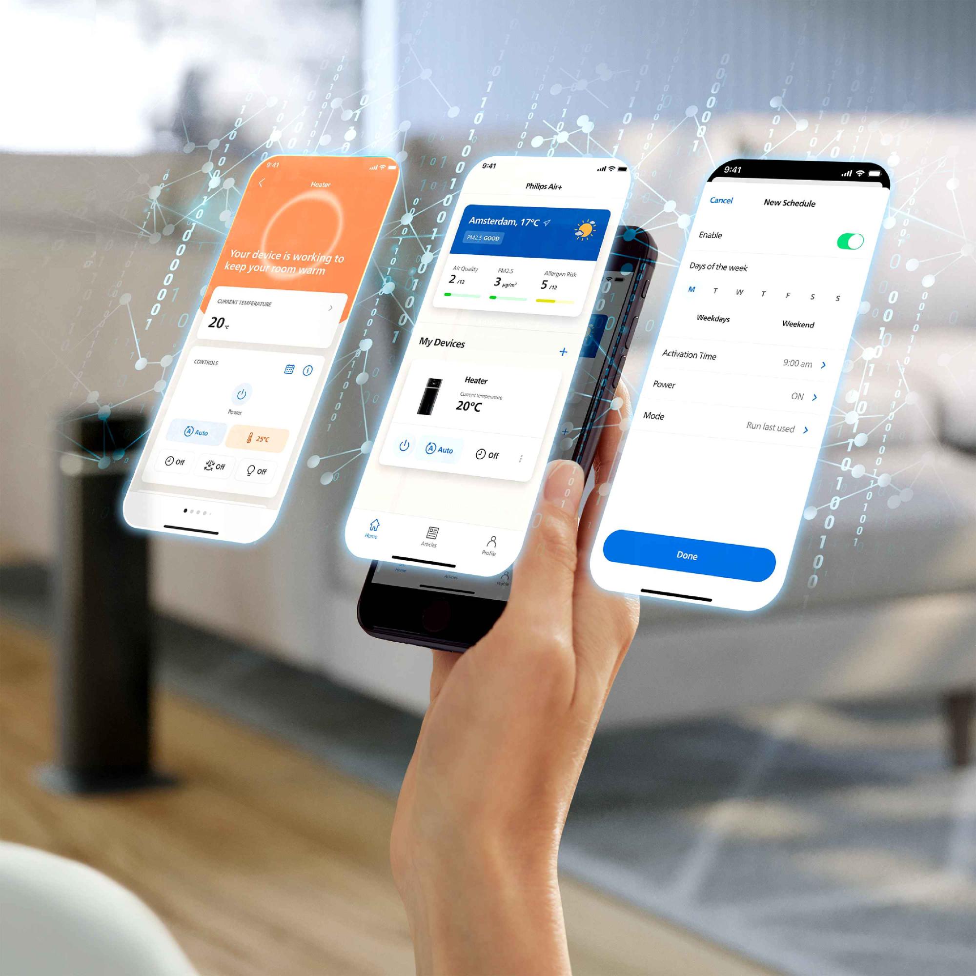 Trīs tālruņi rāda viedās mājas vadības ierīces. Vienā tālruņos ir redzami Philips Heater iestatījumi, atrašanās vieta un grafiki. Rokā ir tālruņi ar digitālu pārklājumu, kurā redzami dati.