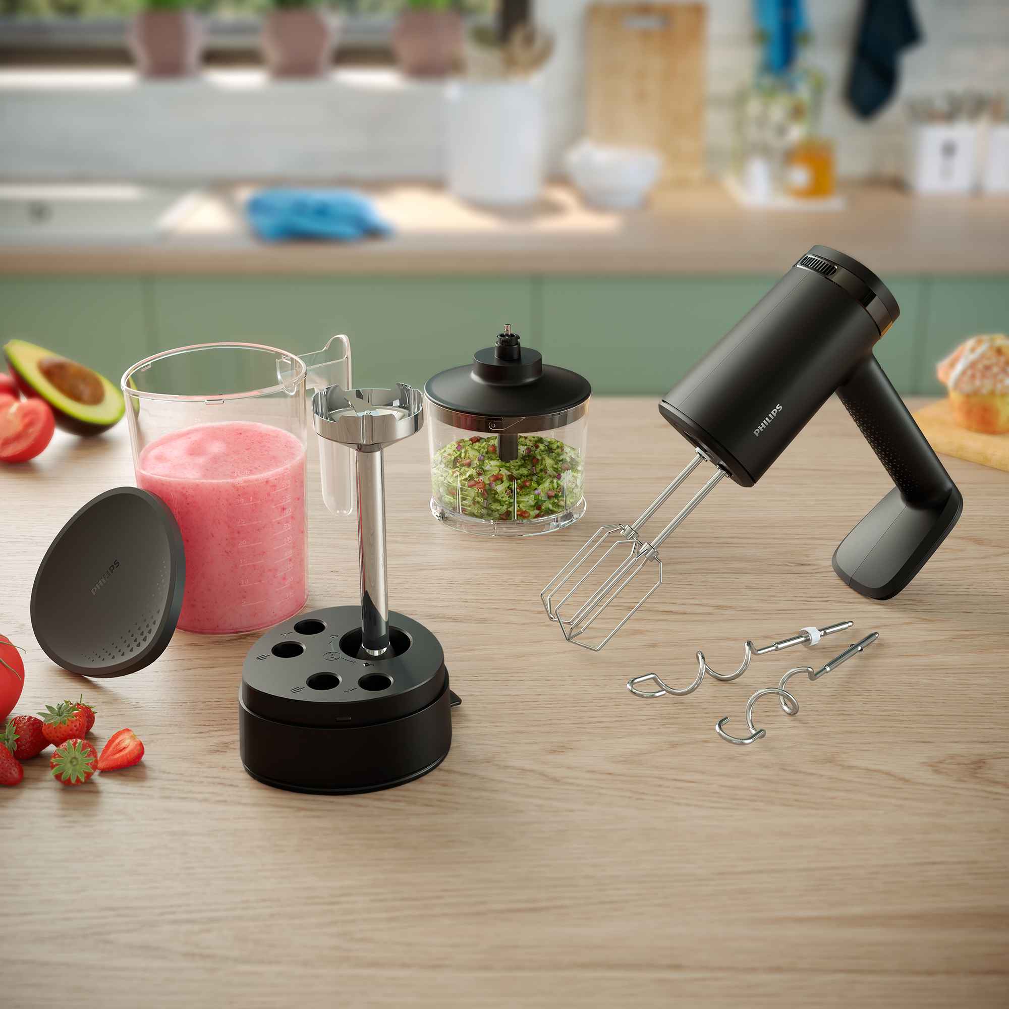 Philips Virtuve: Augstākās kvalitātes melns rokas mikseris ar putotājiem, mīklas āķiem, smalcinātāju un krūzi, kas uzstādīts uz koka virsmas, blendēšanas stils un funkcionalitāte.