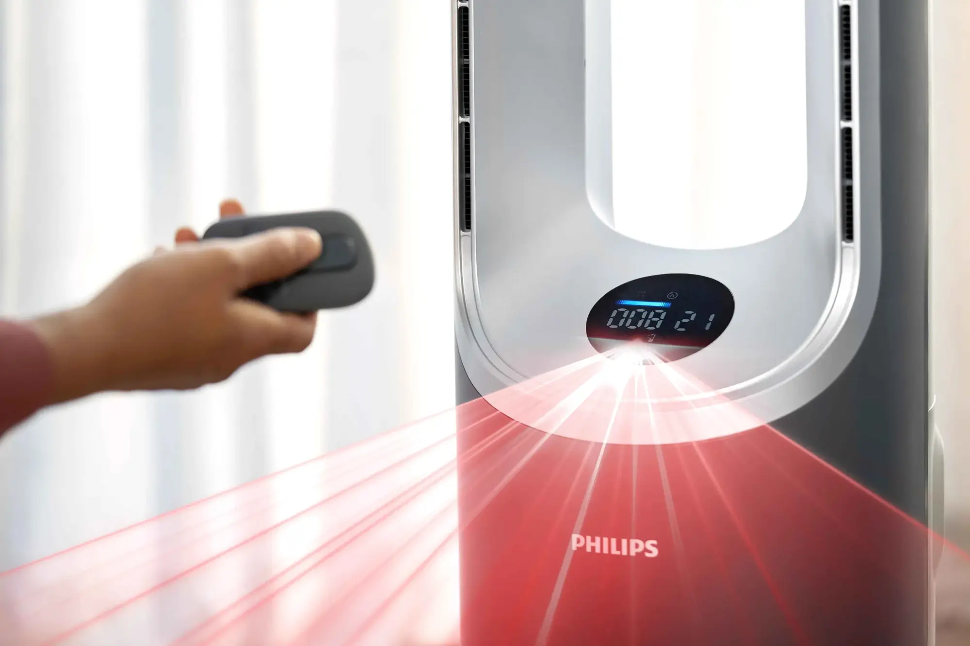 Philips daudzfunkcionālais Climate Care torņa ventilators izstaro sarkanu lāzeru, ko kontrolē ar tālvadības pulti, digitālais displejs, kas parāda gaisa kvalitāti. Moderns dizains.