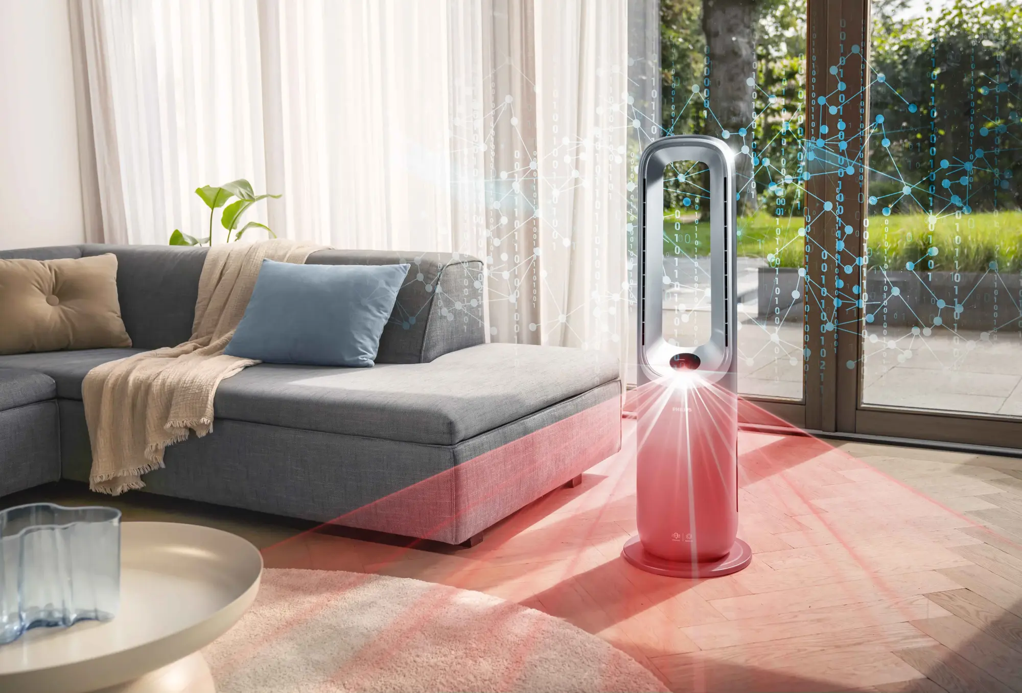 Philips daudzfunkcionālais Climate Care torņa ventilators ar gaisa attīrīšanu un sensoru sistēmu, kas novietots modernā viesistabā. Izbaudiet izcilu dizainu un nepārspējamu gaisa kvalitāti.