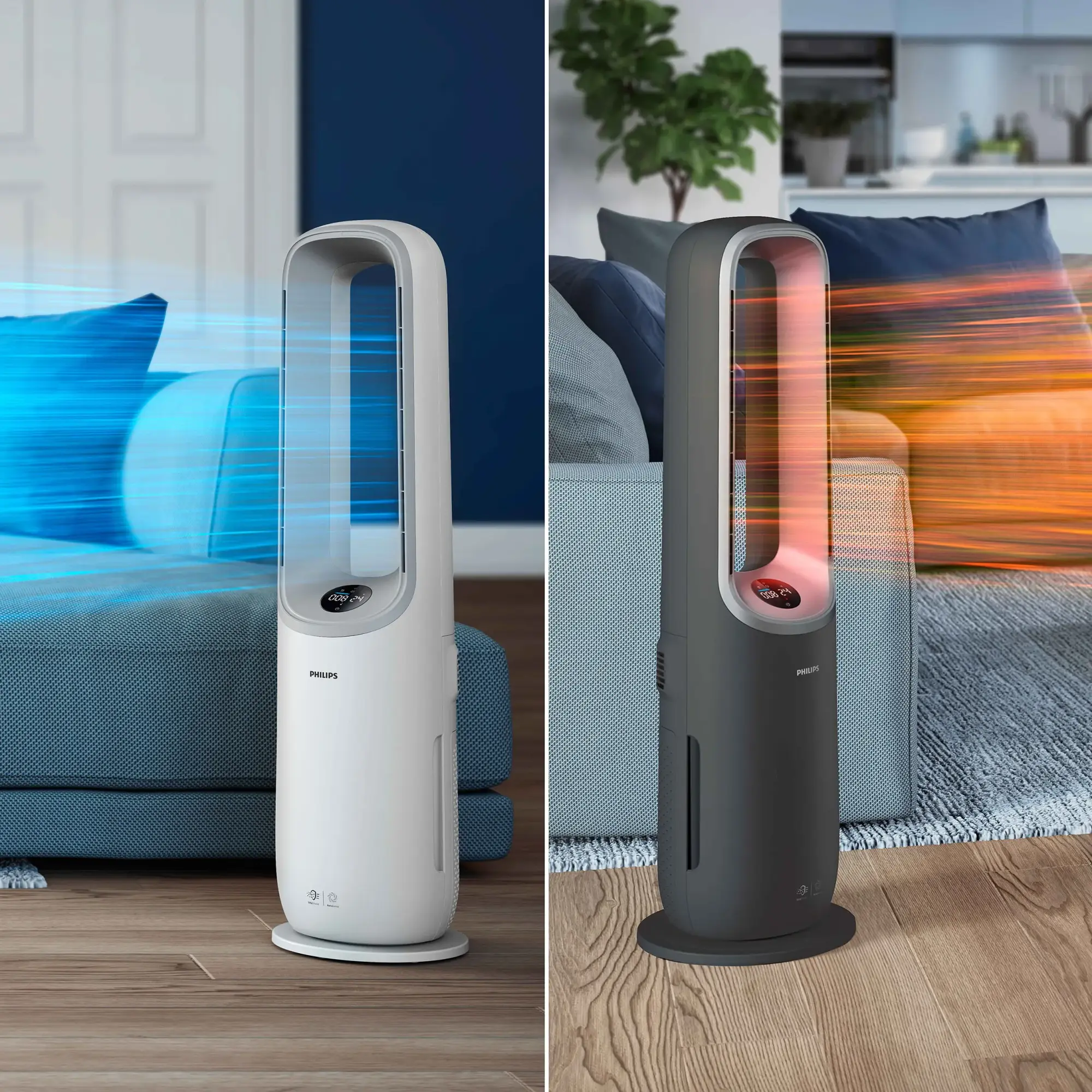 Philips daudzfunkcionālais Climate Care ventilators (ar dalītu ekrānu); baltā krāsā rāda vēsu gaisa plūsmu/attīrīšanu, pelēkā krāsā ar sildīšanu/mitrināšanu, mūsdienīgām mājām.