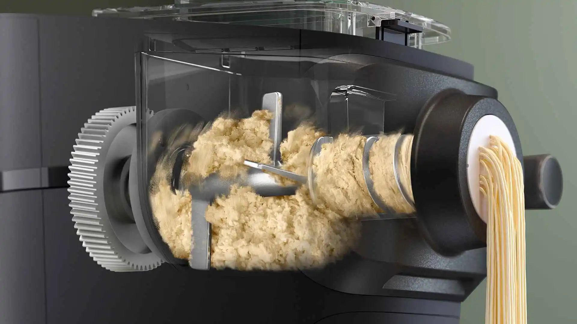 Philips pastas gatavotājs izspiež svaigus makaronus, demonstrējot savu efektīvu maisīšanu, automatizēto funkciju un izcilu dizainu. Pašgatavota pasta ar Philips tehnoloģiju uzlabojumiem.