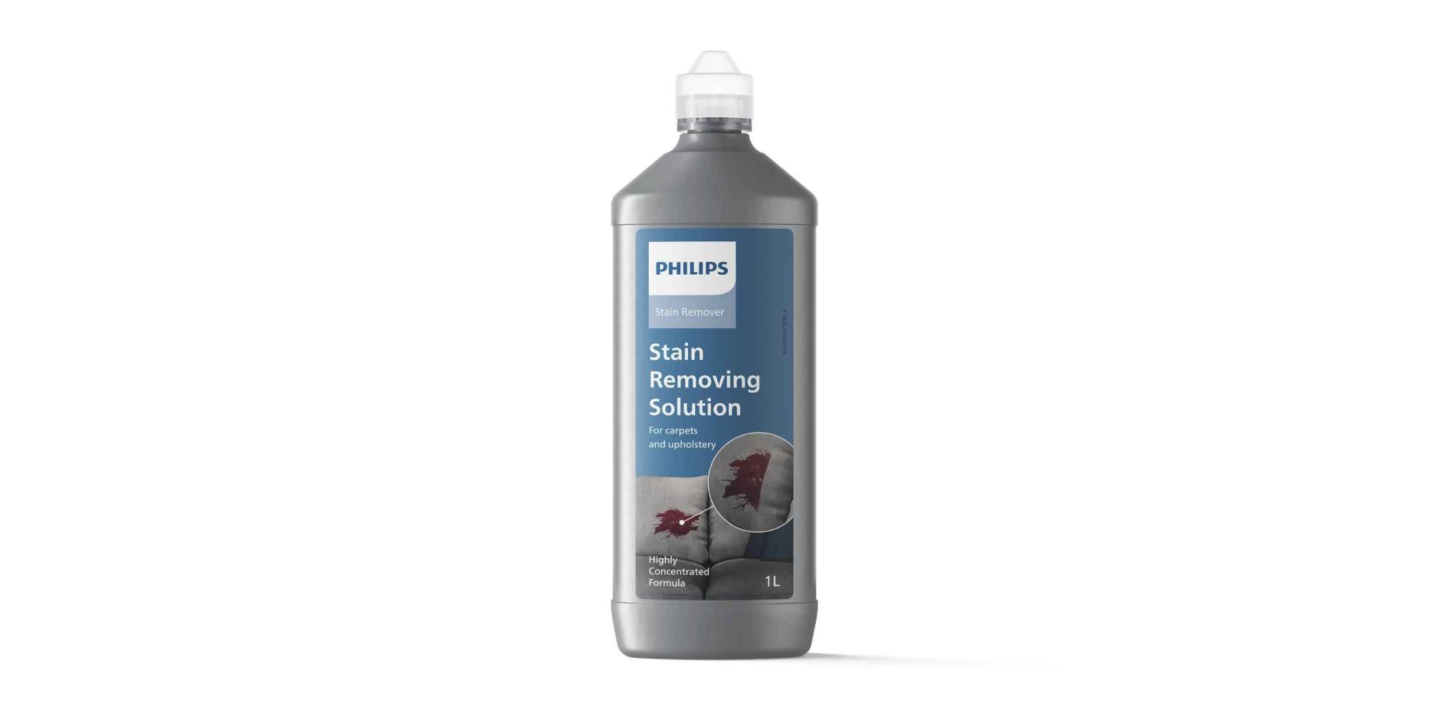 Produkta fotoattēls ar 1 l Philips Floor Care traipu tīrītāja pudeli, uz kuras etiķetes ir attēlots traipu tīrīšanas līdzeklis pirms un pēc tam. Uz iepakojuma ir izcelts, ka produkta formula ir ļoti koncentrēta.