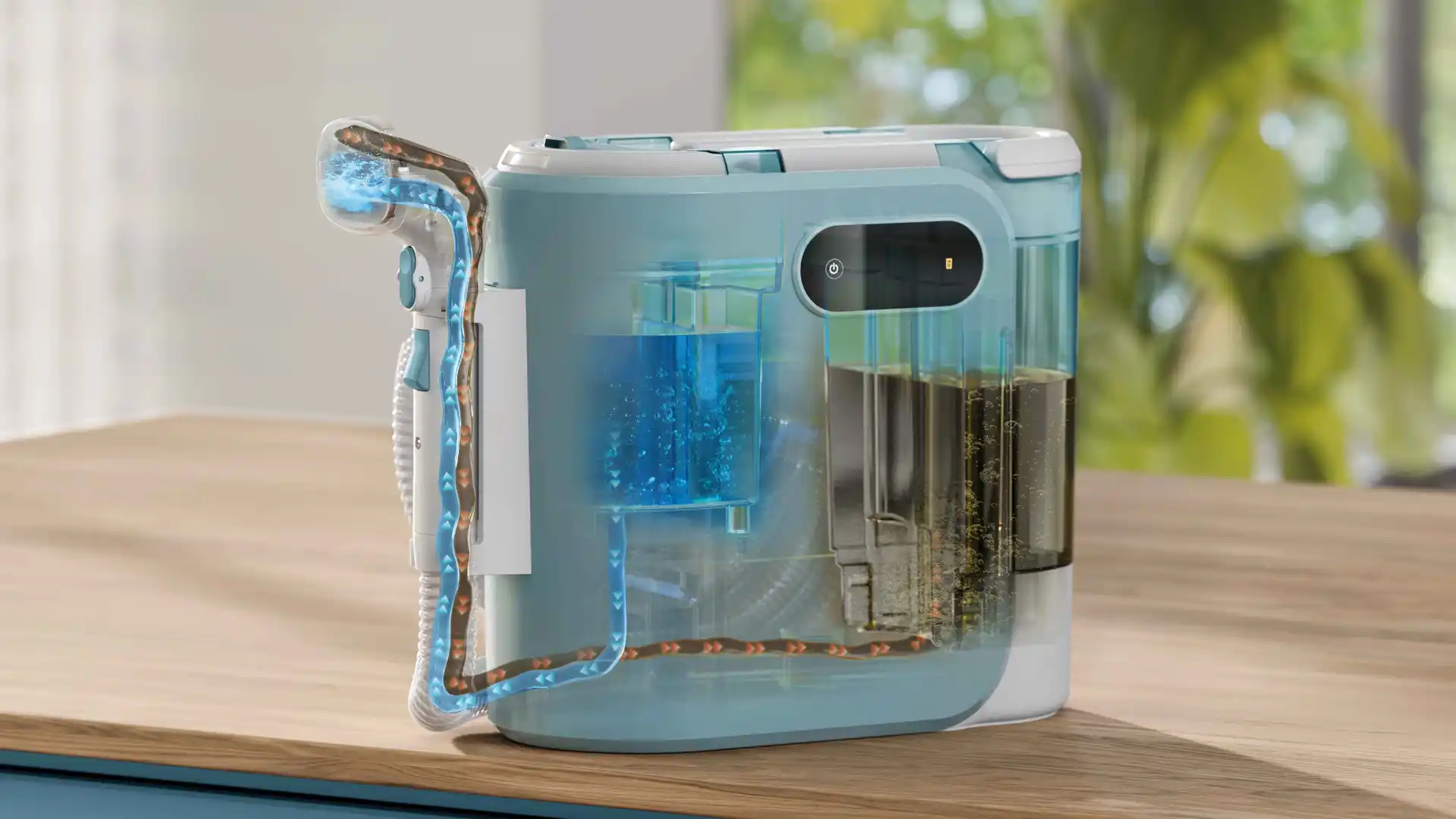 Philips traipu tīrītāja ilustrācija: demonstrē tā jaudīgo sūkšanas un divu tvertņu tehnoloģiju efektīvai traipu noņemšanai, kā arī tīrā un netīrā ūdens atdalīšanas sistēmu.