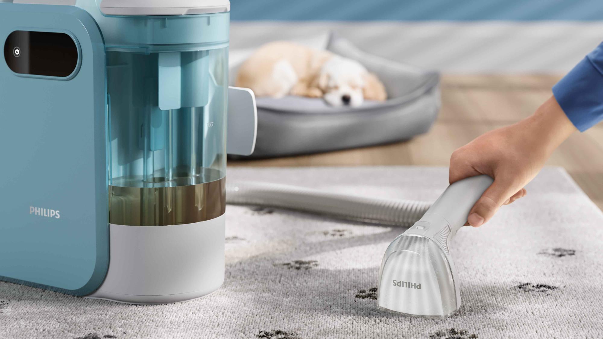 Philips Floor Care pārnēsājamais paklāju tīrītājs likvidē paklāju traipus guļoša suņa tuvumā. Apskatiet tīrīšanas jaudu caurspīdīgajā ūdens tvertnē; ideāli piemērots mājdzīvnieku īpašniekiem.