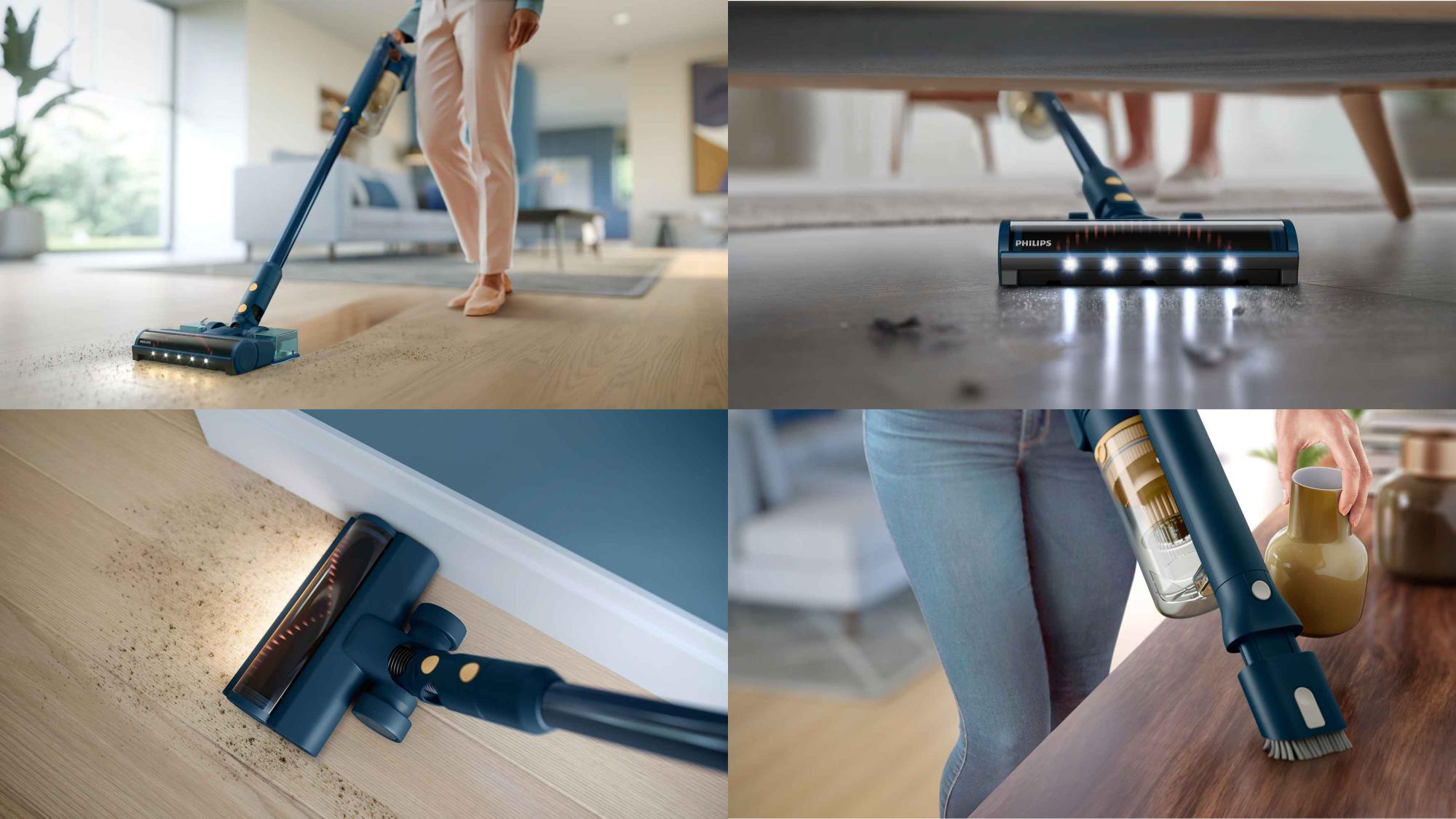 Kolāža, kurā redzamas Philips Sticks bezvadu putekļsūcēja funkcijas. Attēlos redzama tīrīšana zem mēbelēm, malām un pārveidošana par rokas putekļsūcēju detalizētam darbam. Izceļ Philips izcilību grīdas kopšanas līdzekļos.