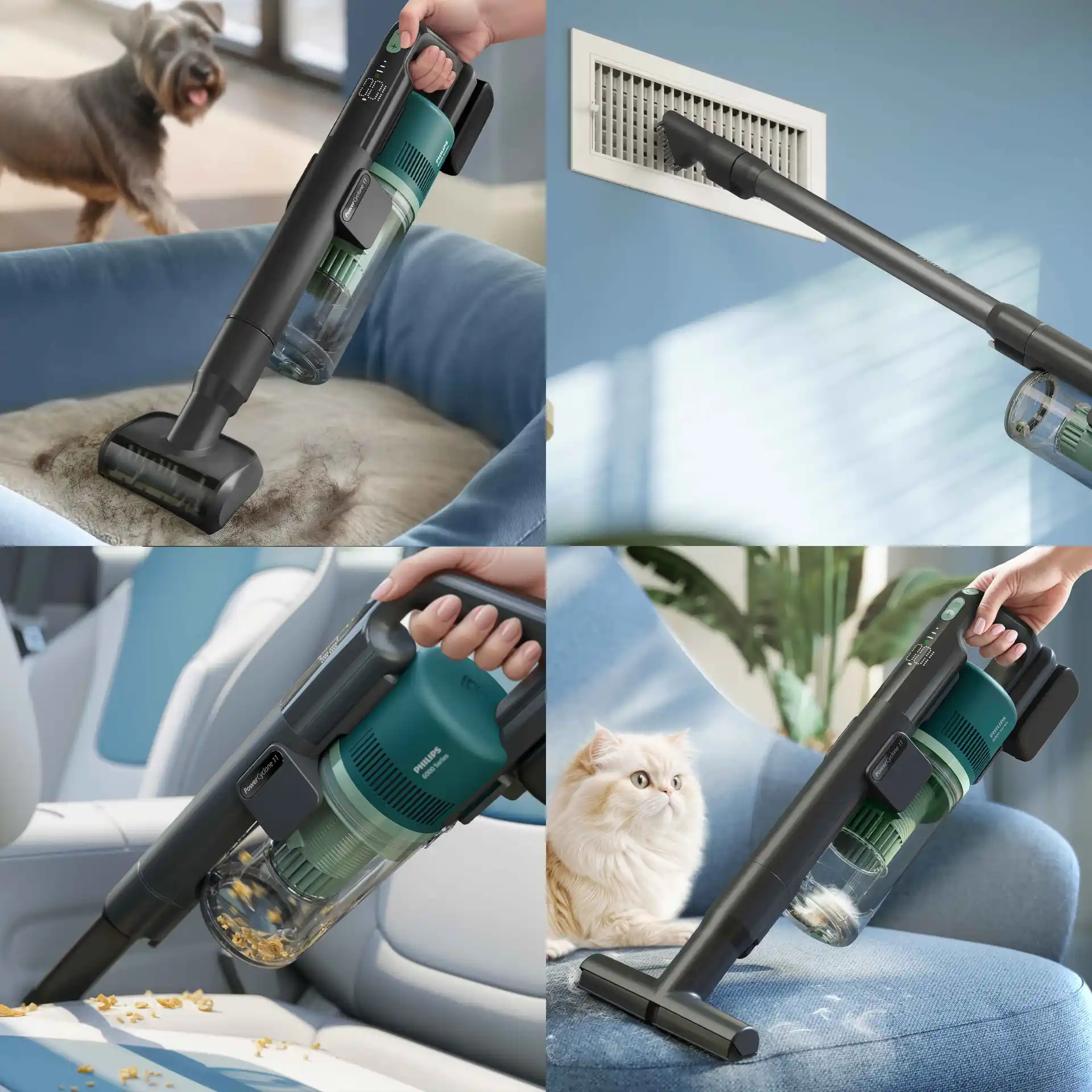 Philips bezvada spieķveida putekļu sūcējs: PowerCyclone 11 stieņu putekļsūcējs, kas ir daļa no 6000. sērijas grīdas kopšanas ierīcēm, viegli tīra mājdzīvnieku spalvas, drupačas un ventilācijas atveres.