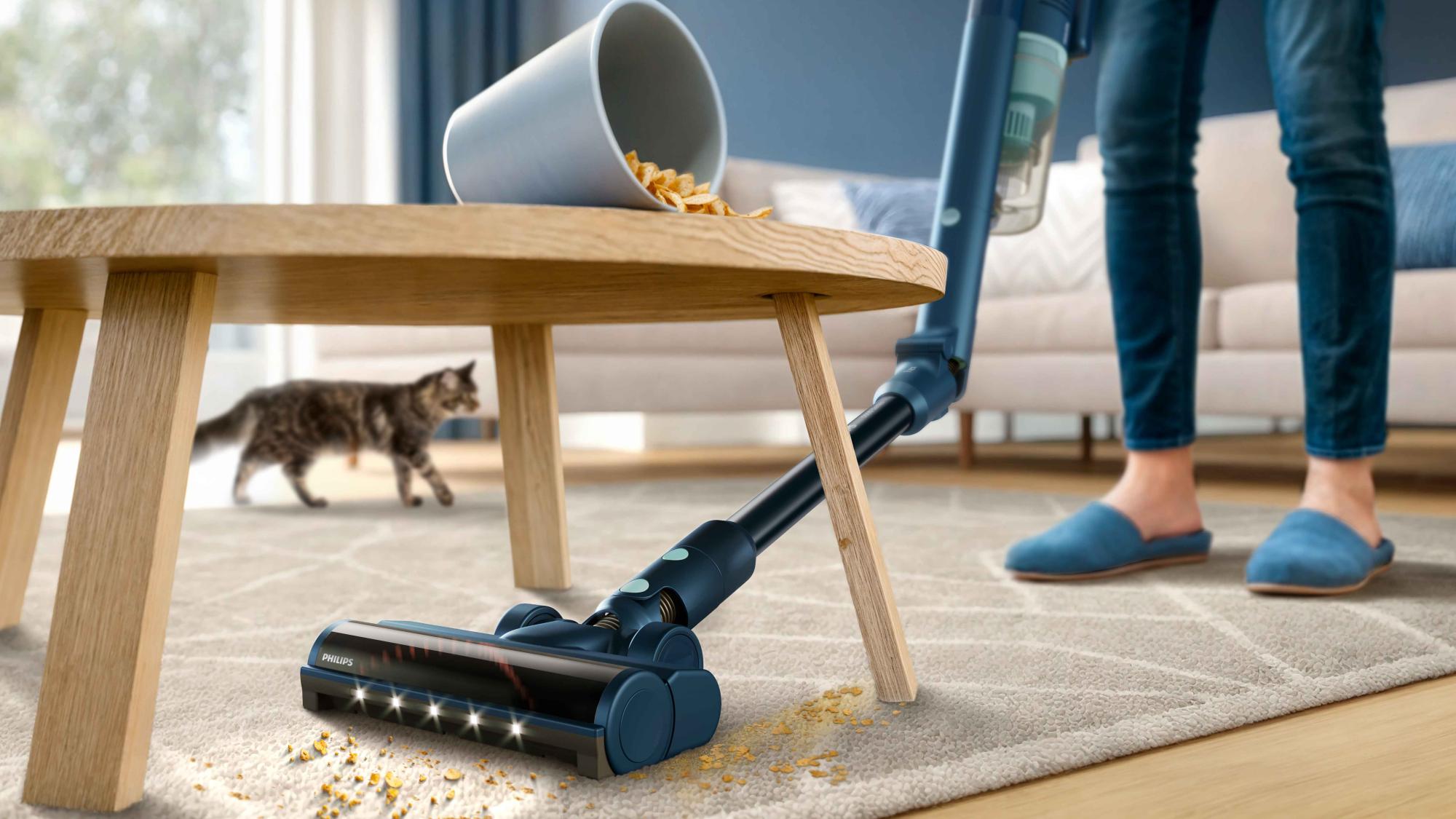 Philips Sticks: bezvadu spieķa tipa putekļsūcējs, Philips grīdas kopšanas līdzekļu virsotne, kas viegli izgaismo un savāc drupačas, demonstrējot izcilu dizainu un tehnoloģijas.