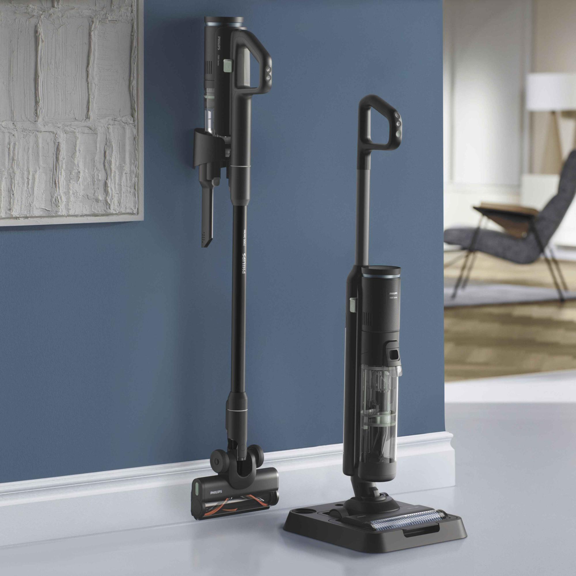 Philips Vac & Wash: Bezvadu putekļsūcējs un mops nodrošina jaudīgu sūkšanas jaudu un mitro tīrīšanu. Stilīgs, elegants dizains daudzpusīgai tīrīšanas ērtībai.