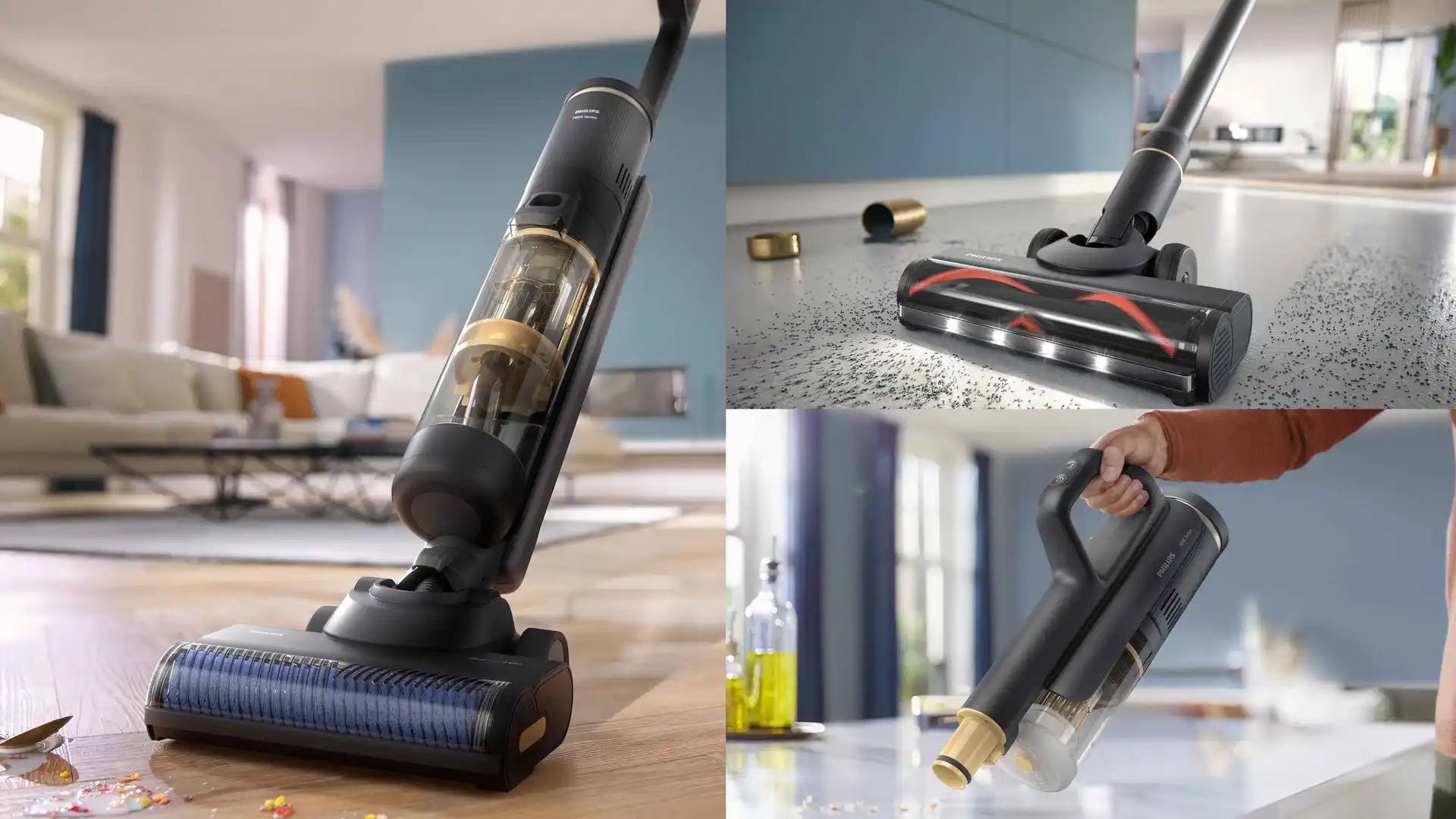 Kolāža, kurā redzama Philips Vac & Wash ierīce no grīdas kopšanas līnijas. Tās melnzeltainais dizains tīra cietās grīdas, netīrumus un šķidrumus; rokas ierīces tuvplāns demonstrē pārnesamību.