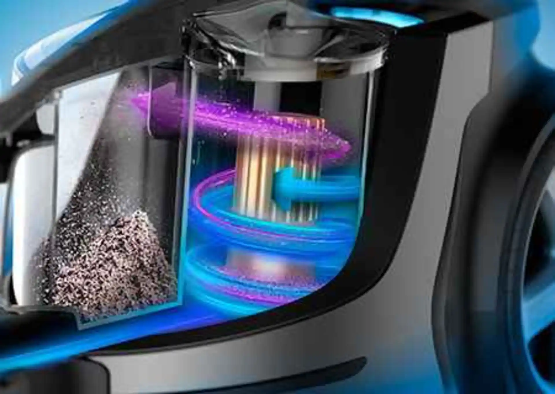 Philips putekļu sūcēji lepojas ar ciklona tehnoloģiju, kas redzama tā putekļu tvertnē, nodrošinot maksimālu sūkšanas jaudu, izcilu filtrēšanu un efektīvu mājas tīrīšanu.