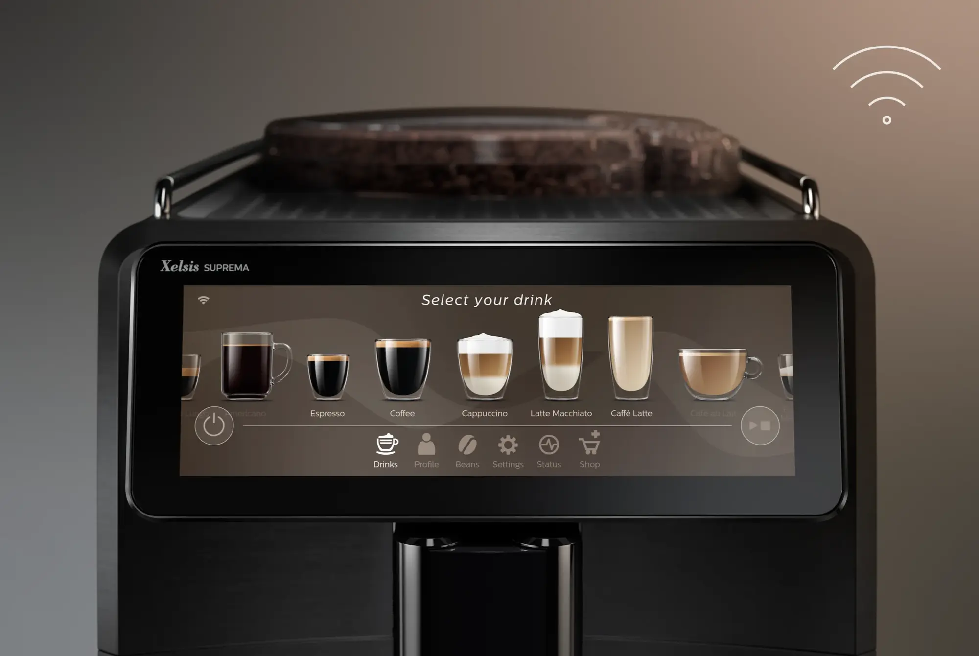 13 copy Philips Saeco kafijas automāta no Xelsis Suprema līnijas tuvplāns. Tam ir skārienekrāns dzērienu izvēlei un pupiņu piltuve. Attēlā redzams dizains un lietotājam draudzīga tehnoloģija.