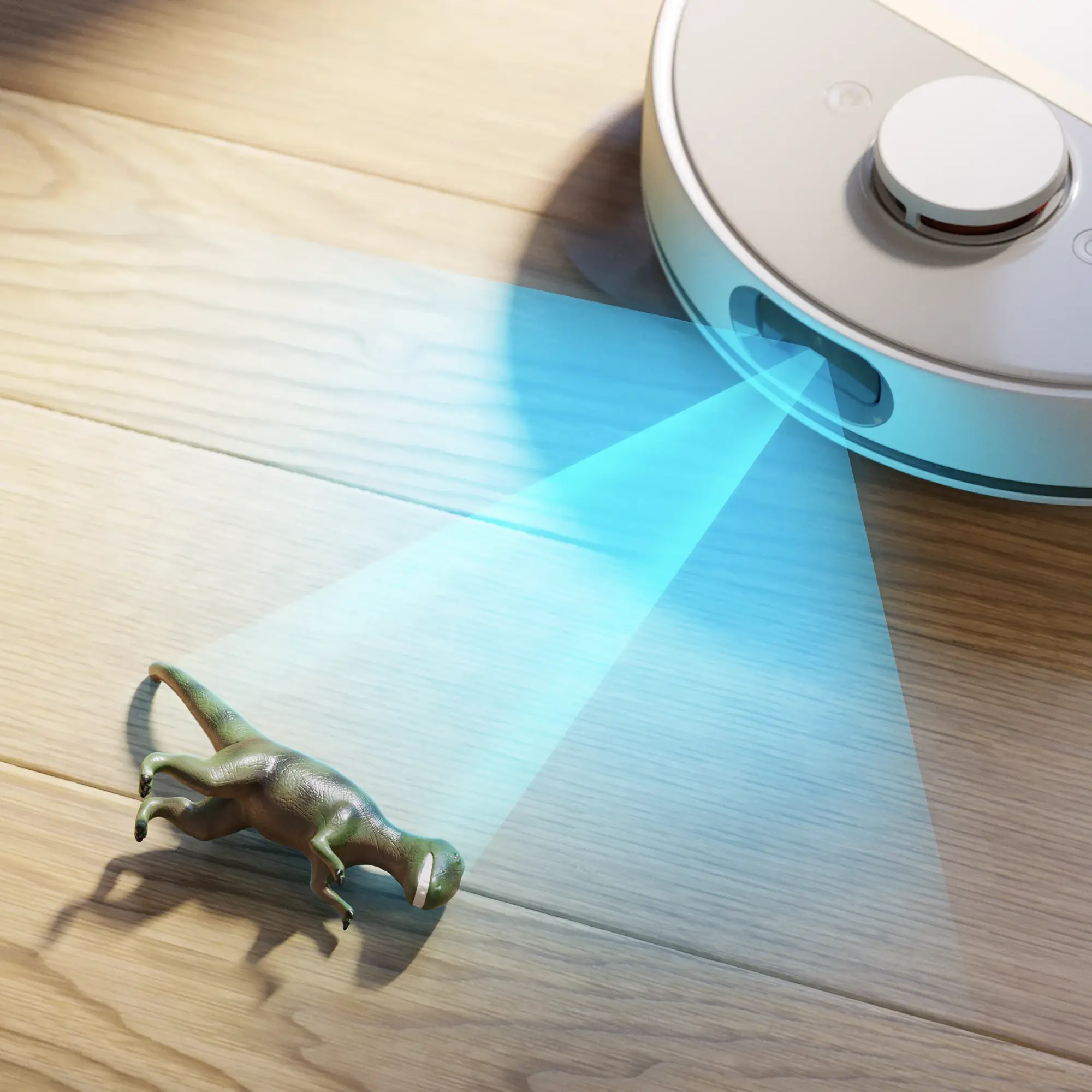 Philips robotizētais putekļsūcējs, grīdas kopšanas izcilības virsotne, pārvietojas ap rotaļu dinozauru, ko izgaismo zila gaisma, demonstrējot nepārspējamu objektu atpazīšanu.