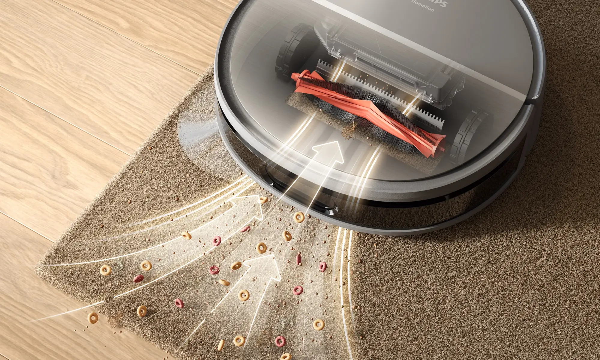 Philips putekļu sūcējs robots savāc drupačas un graudus no paklāja, demonstrējot gaisa plūsmu. Daļa no Philips grīdas kopšanas līdzekļu līnijas, kas paredzēta izcilai tīrīšanai un vienkāršai apkopei.