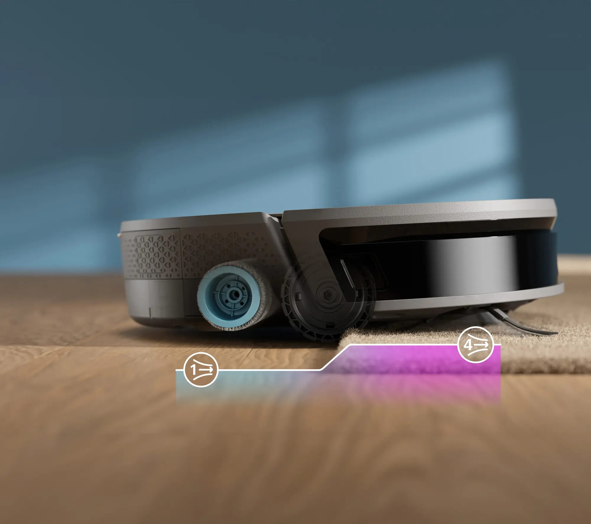 Leņķisks studijas attēls ar Philips robotizēto putekļsūcēju, augstas klases produktu no grīdas kopšanas līnijas, kurā redzama tā modernā tīrīšanas tehnoloģija ar sānu birstēm, kas nodrošina nepārspējamu lietotāja pieredzi.