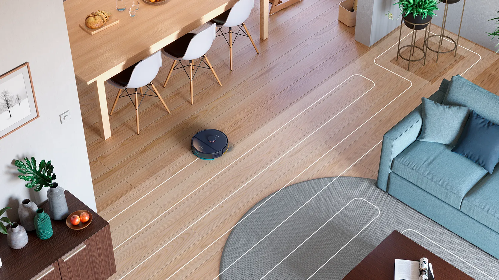 Philips putekļu sūcējs robots izceļas ar izcilu tīrīšanu; demonstrē savu precizitāti uz cietkoksnes un apaļa paklāja. Robots ir Philips apņemšanās izmantot jaunākās tehnoloģijas piemērs.