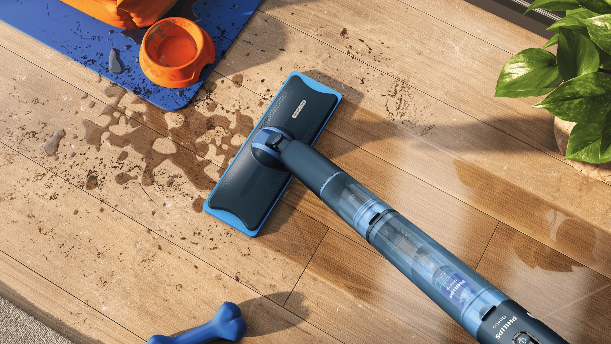 1 copy Philips bezvada spieķa tipa putekļsūcējs demonstrē grīdas tīrīšanu ar jaudīgu sūkšanas jaudu un izgaismotu tīrīšanas ceļu. Šis Philips putekļu sūcējs tīra efektīvi un ātri.