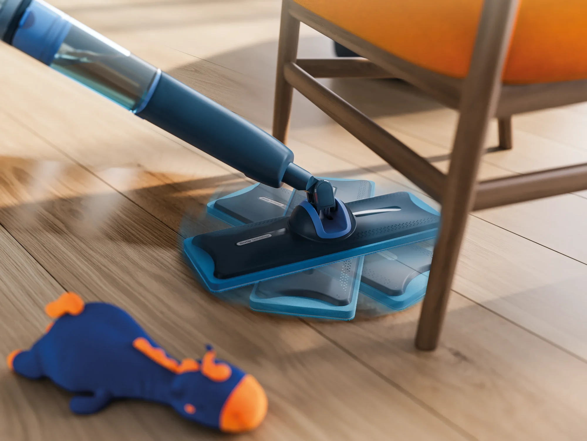 7 copy Philips elektriskā bezvada slota ar kustīgām uzlikām jaudīgi un efektīvi tīra koka grīdas, arī zem mēbelēm, kā redzams attēlā ar krēslu. Ievērot rotaļlietu līdzās slotai.