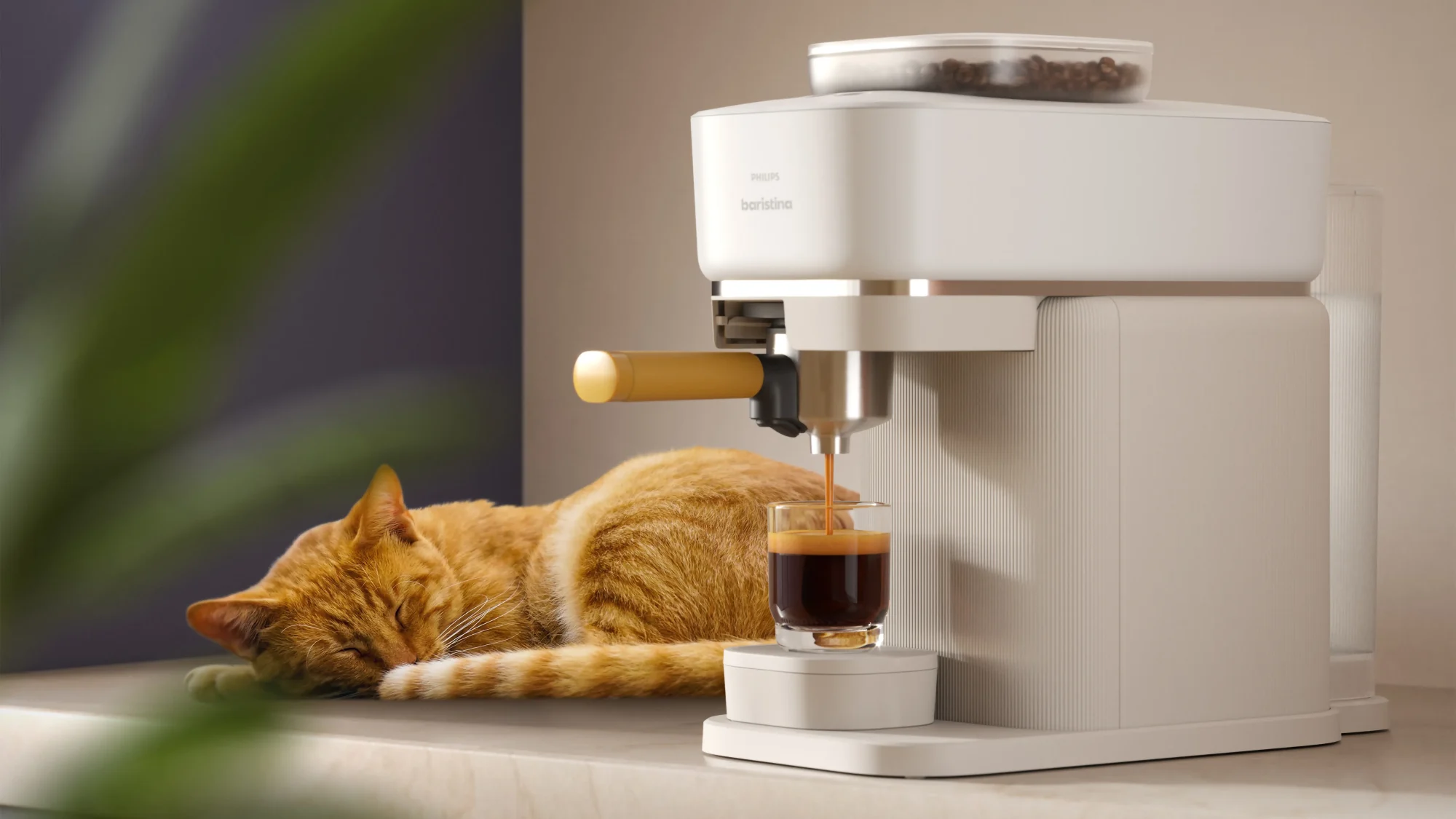Stilīgs Philips Baristina kafijas automāts, kas pagatavo bagātīgu espreso, un tuvumā guļošs ruds kaķis. Izbaudi baristas kvalitātes kafiju ar Philips Baristina!